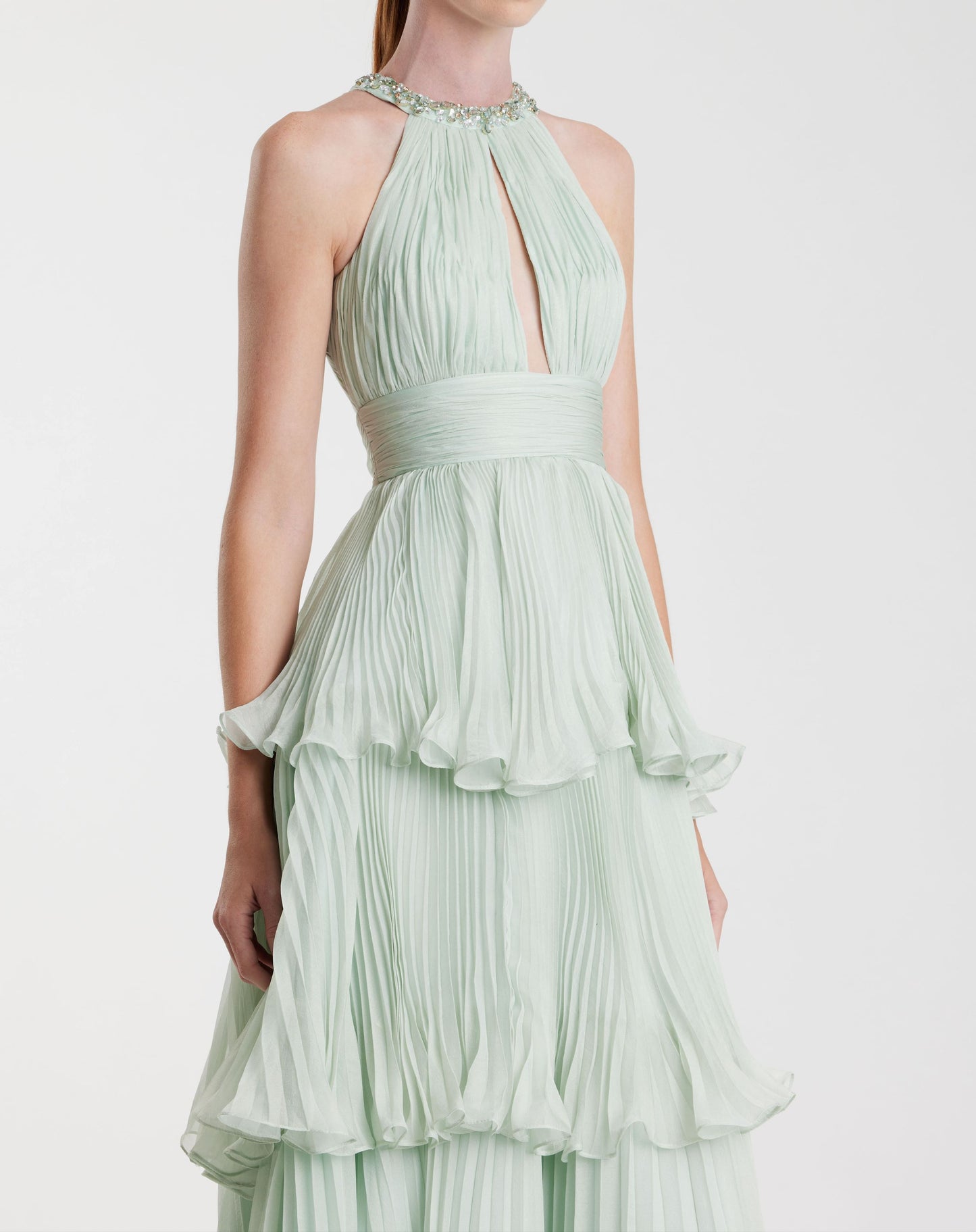 High Neck Chiffon Tiered Gown with Cut Out