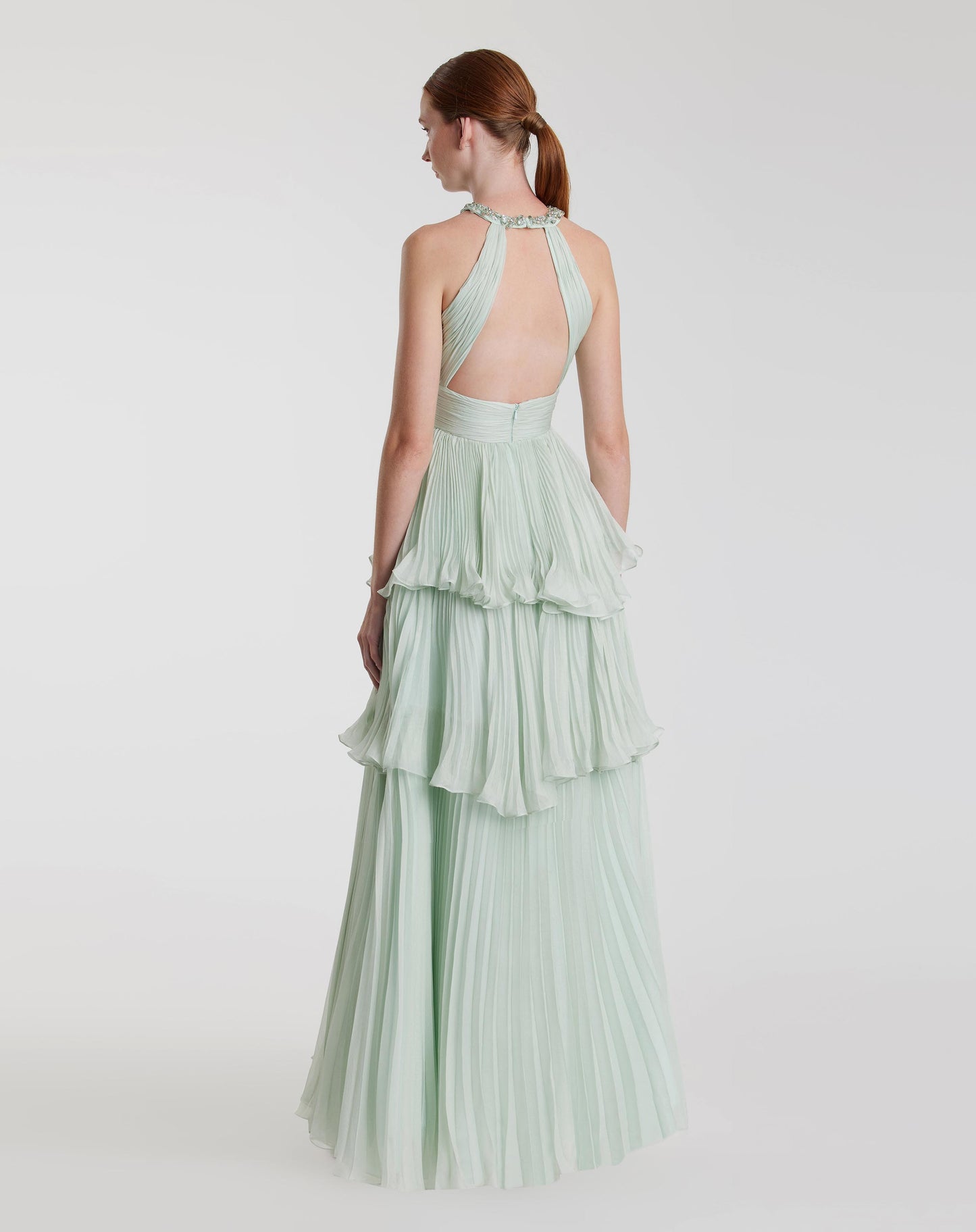 High Neck Chiffon Tiered Gown with Cut Out