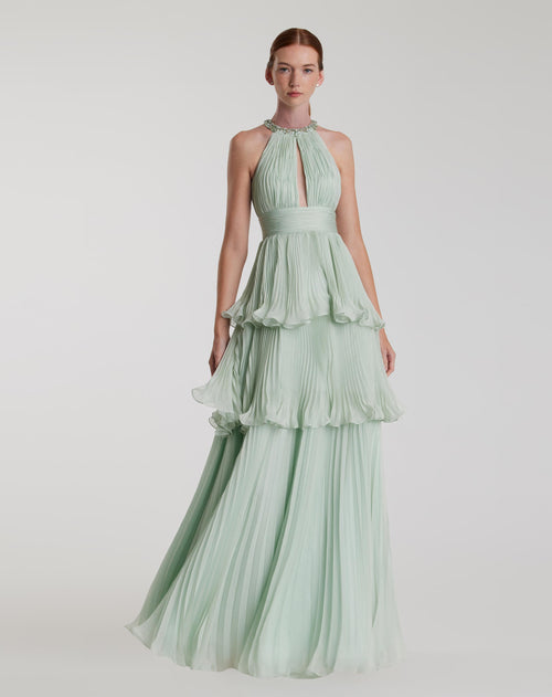 High Neck Chiffon Tiered Gown with Cut Out