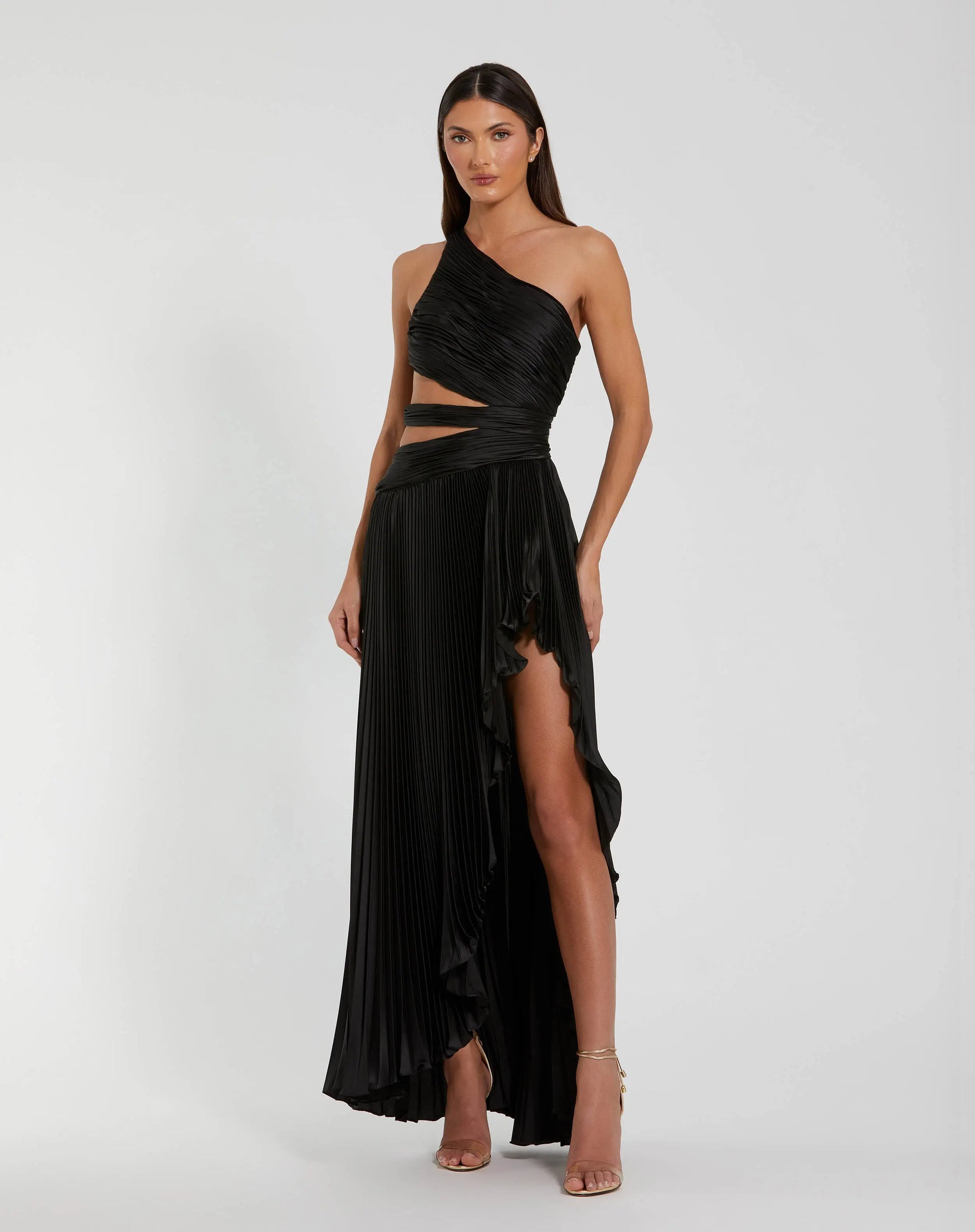 Black One Shoulder Pleated Charmeuse Gown with Slit Ieena for Mac Duggal