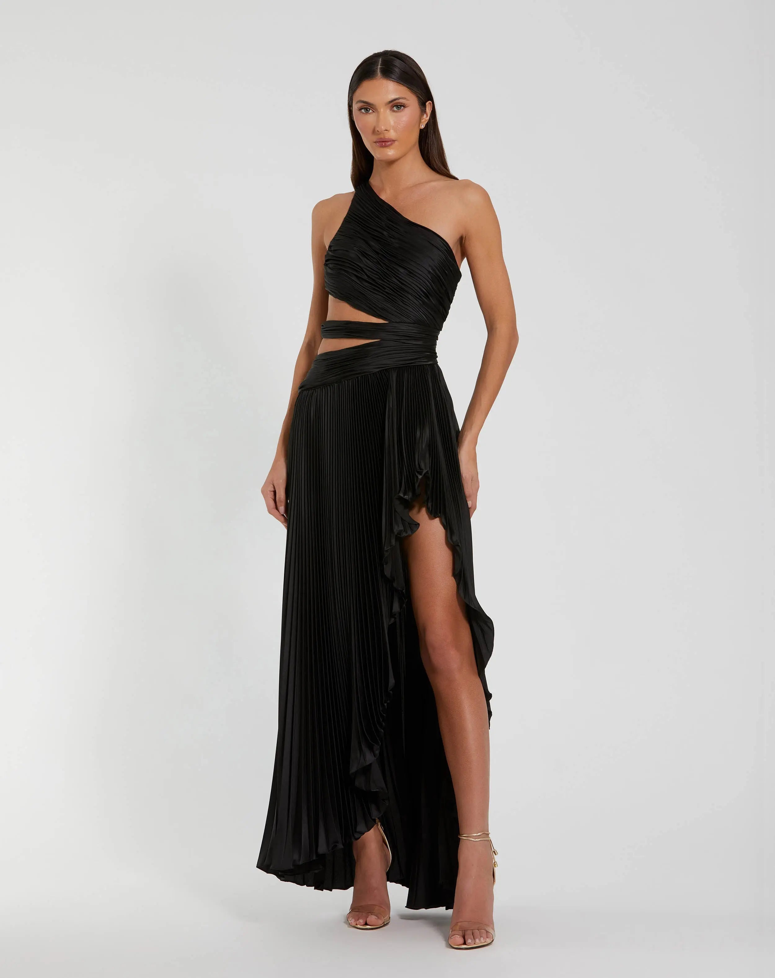 Black One Shoulder Pleated Charmeuse Gown with Slit Ieena for Mac Duggal