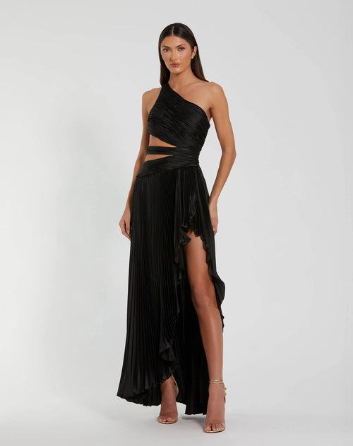 Black One Shoulder Pleated Charmeuse Gown with Slit Ieena for Mac Duggal
