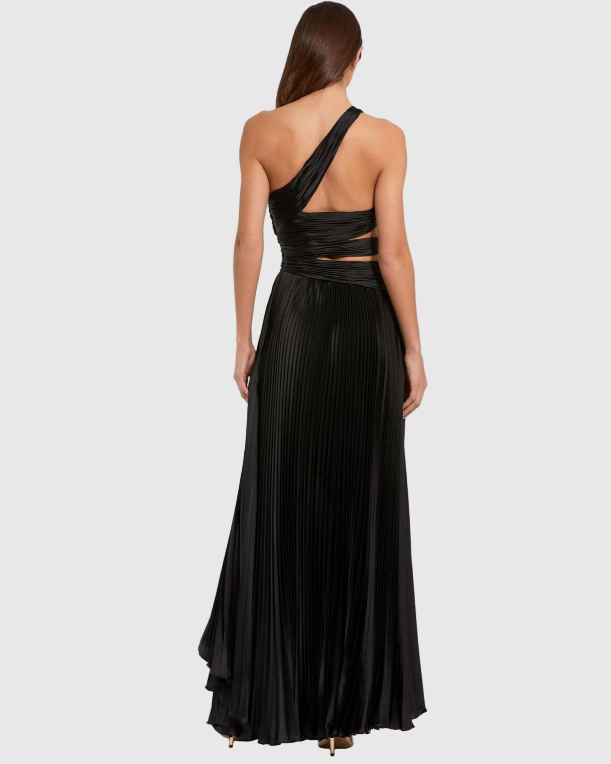 strapless open back dress Mac Duggal One-Shoulder Pleated Charmeuse Gown with Slit