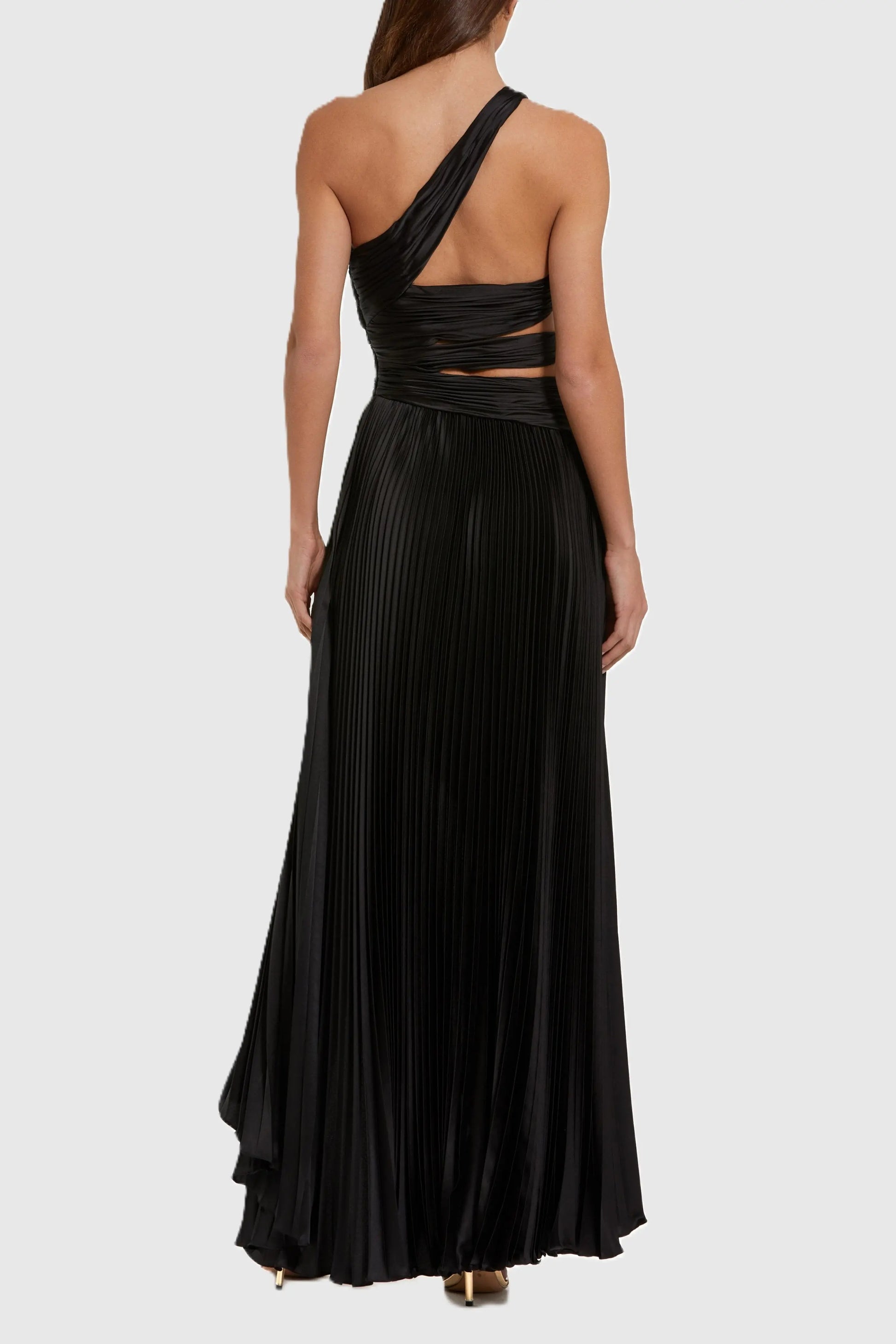 Black One Shoulder Pleated Charmeuse Gown with Slit Ieena for Mac Duggal