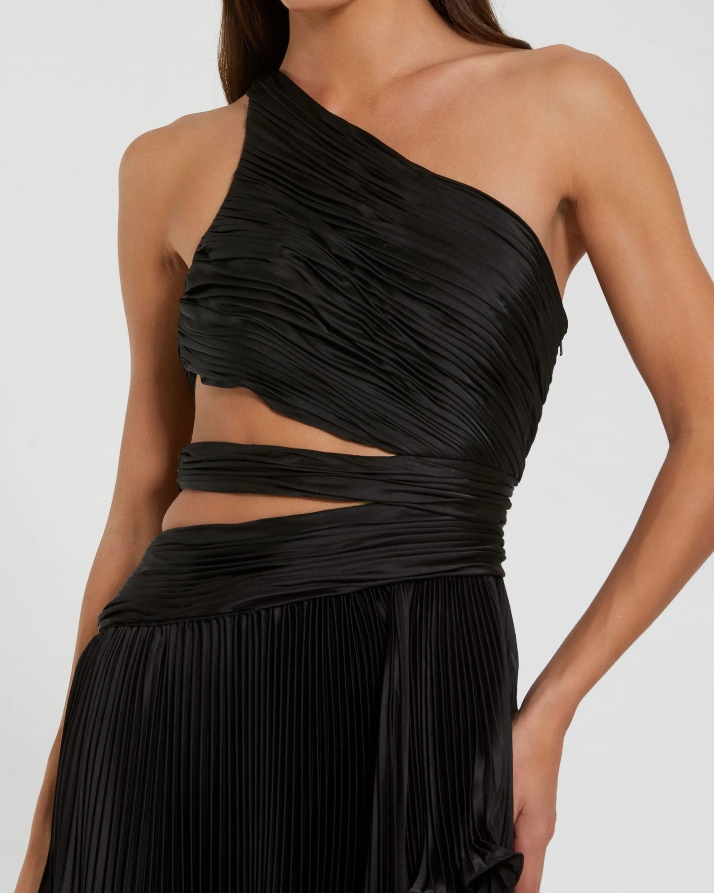 Black One Shoulder Pleated Charmeuse Gown with Slit Ieena for Mac Duggal