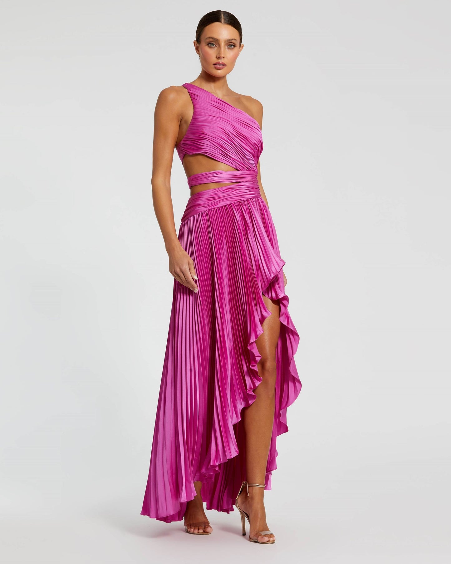 One Shoulder Pleated Charmeuse Gown with Slit