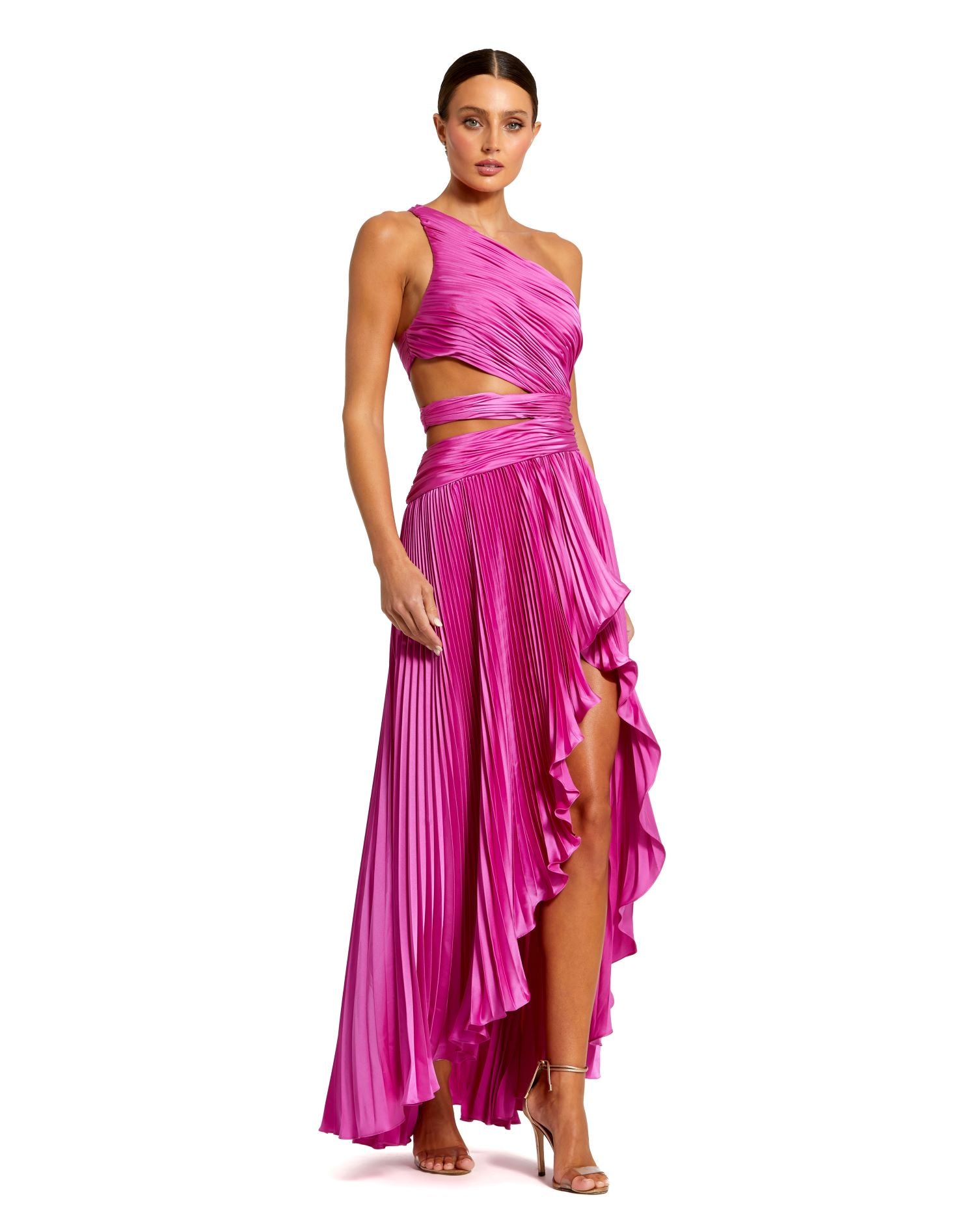 One Shoulder Pleated Charmeuse Gown with Slit