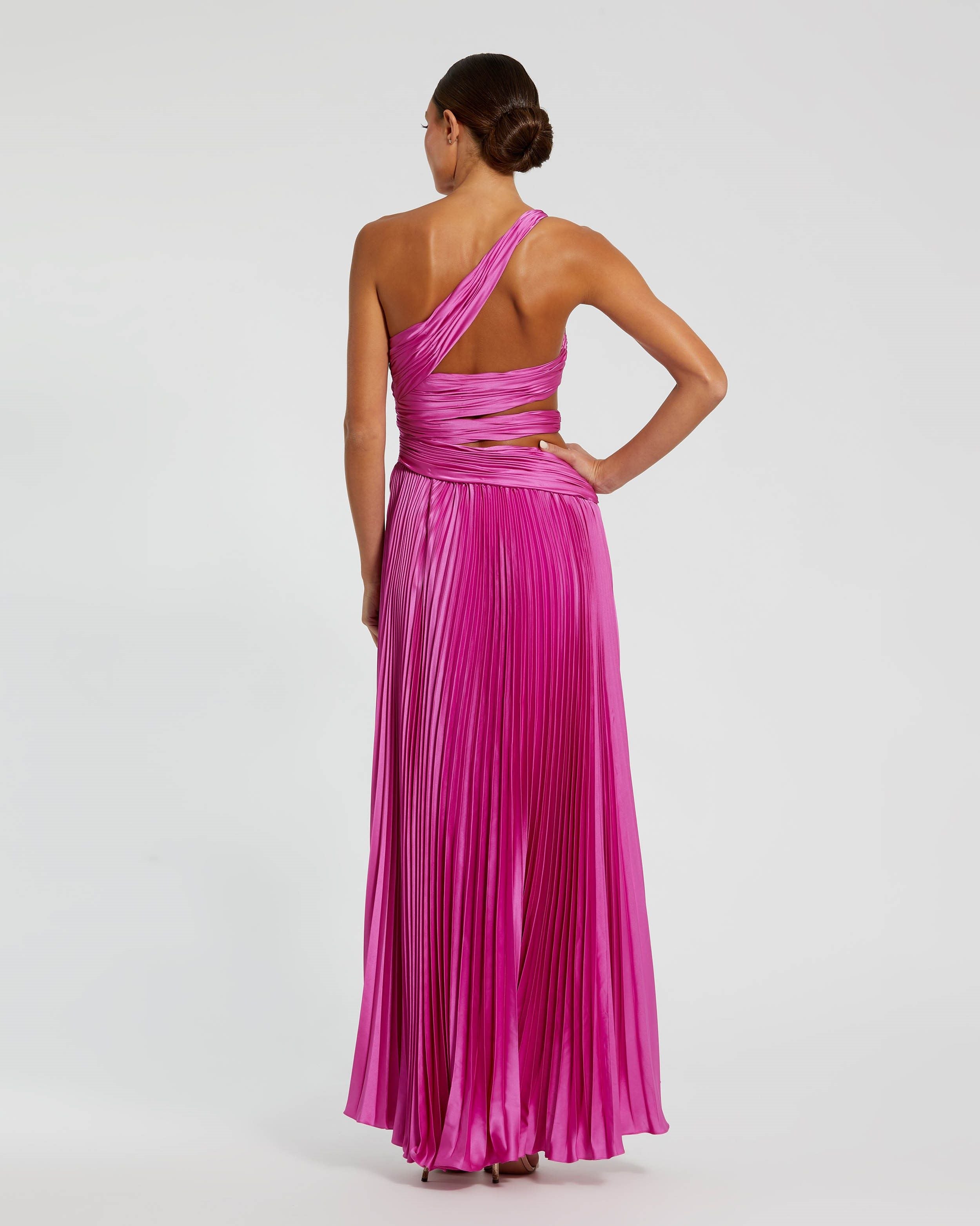 One Shoulder Pleated Charmeuse Gown with Slit