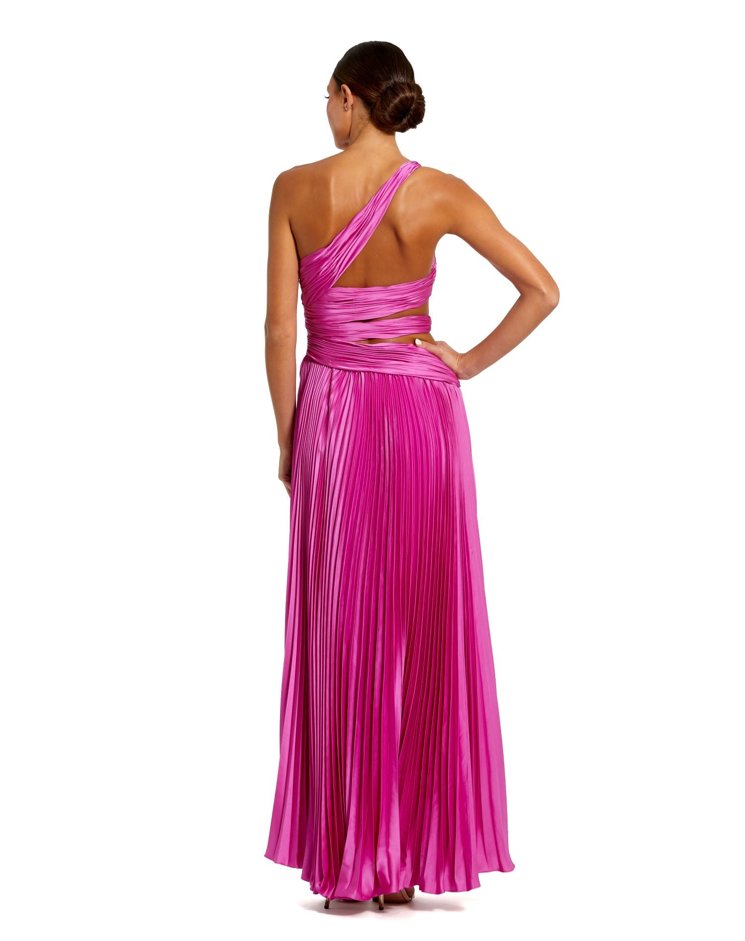 One Shoulder Pleated Charmeuse Gown with Slit