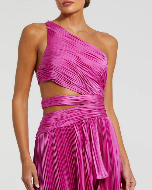 One Shoulder Pleated Charmeuse Gown with Slit