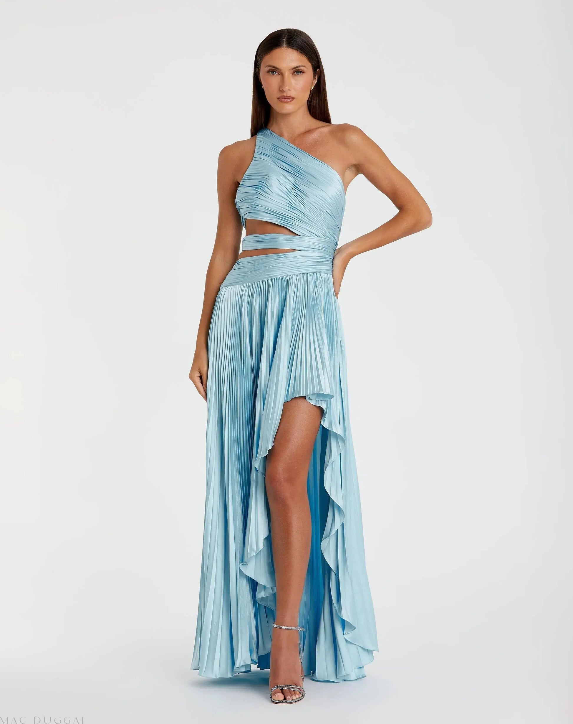 Blue One Shoulder Pleated Charmeuse High Low Gown | Mac Duggal Blue One Shoulder Pleated Charmeuse High Low Gown | Mac Duggal
