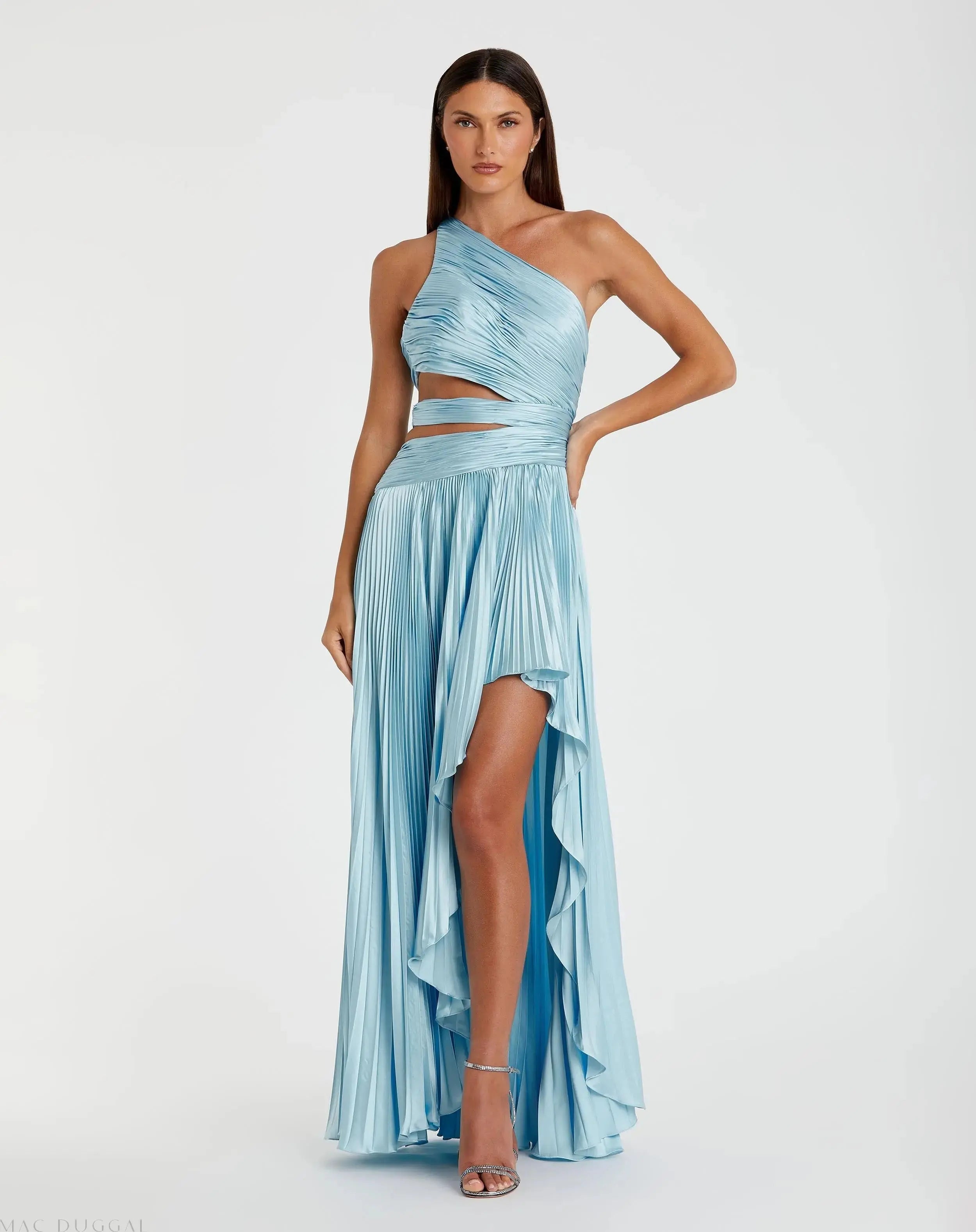 Blue One Shoulder Pleated Charmeuse High Low Gown - Mac Duggal