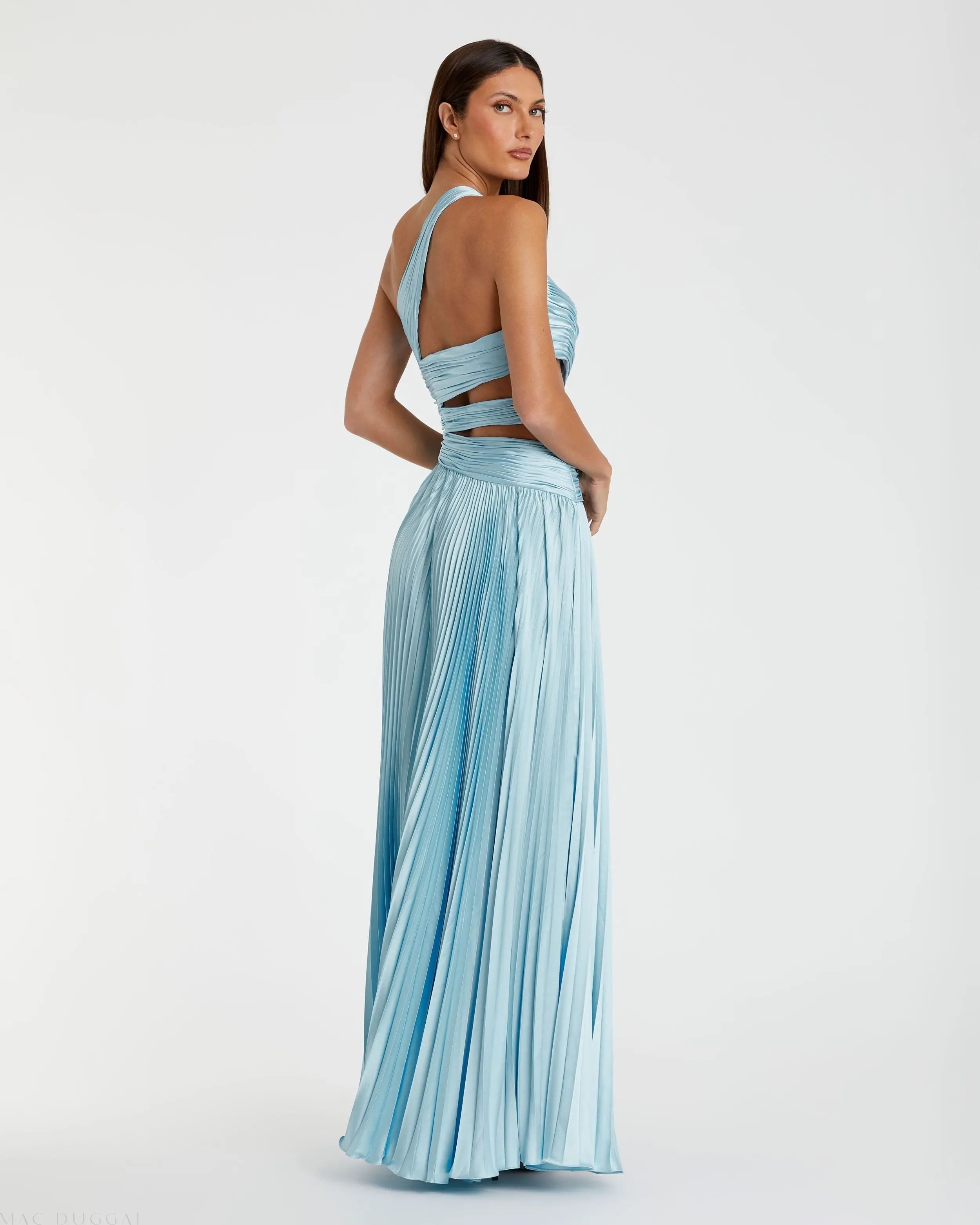 Blue One Shoulder Pleated Charmeuse High Low Gown - Mac Duggal