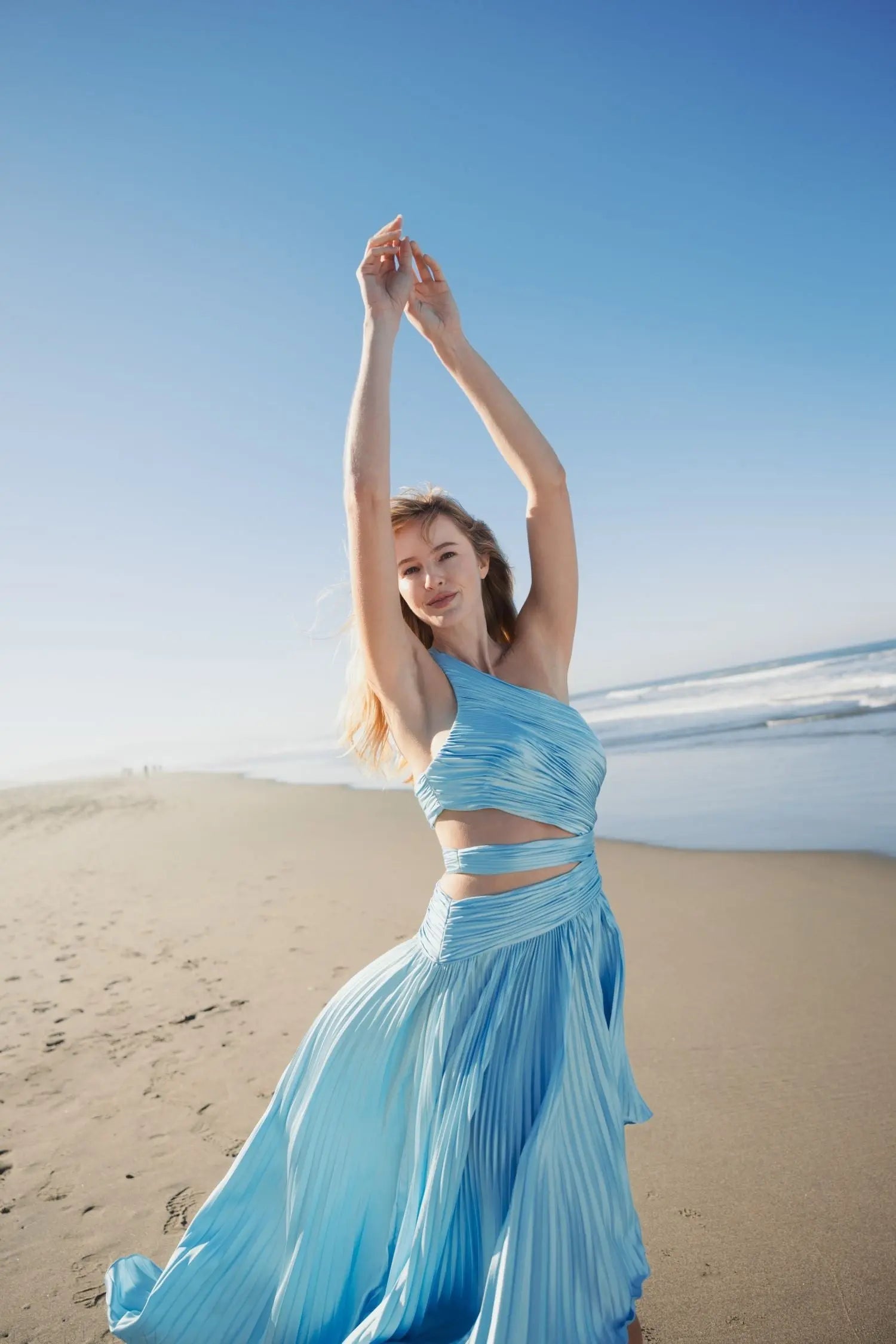 Blue One Shoulder Pleated Charmeuse High Low Gown - Mac Duggal