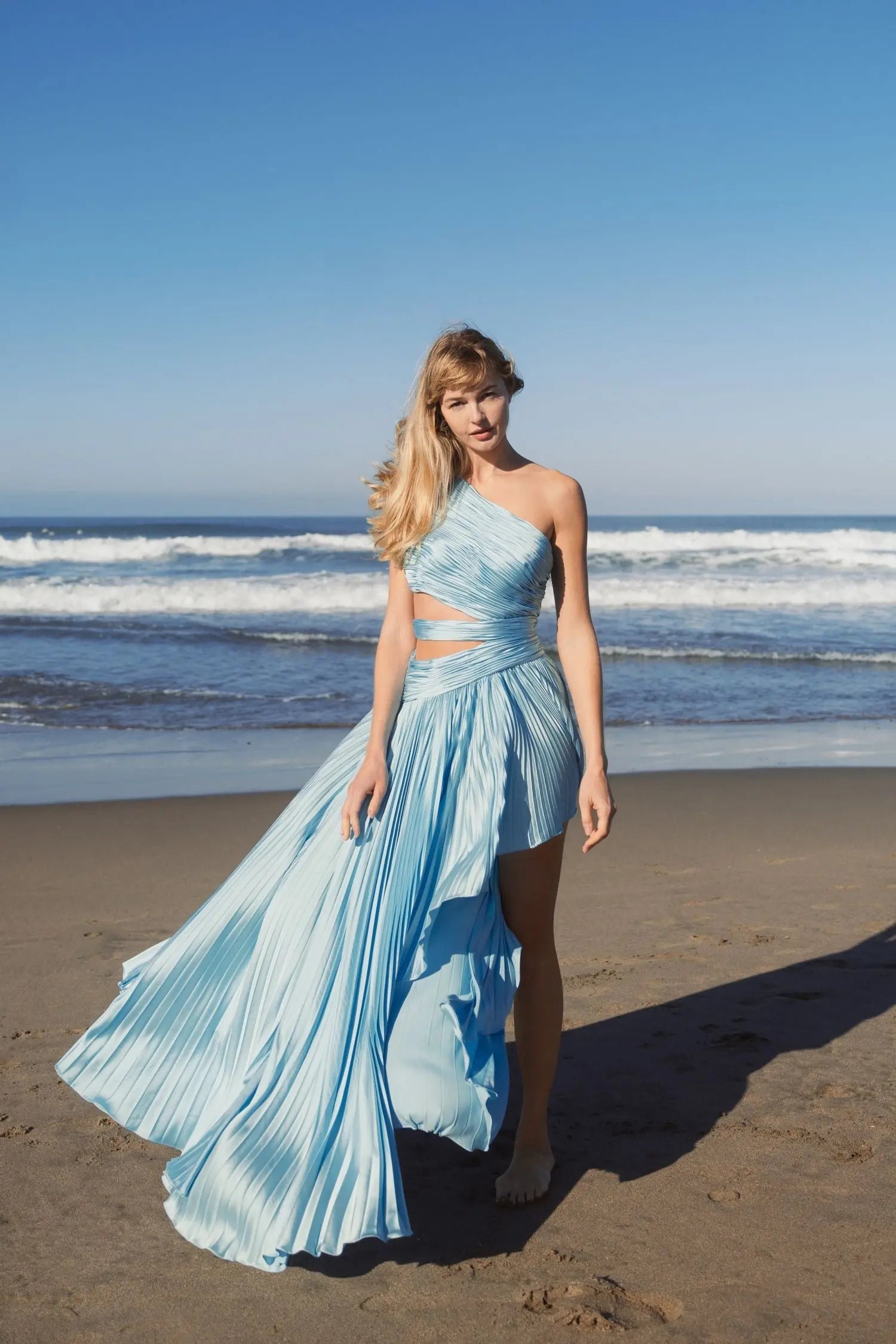Blue One Shoulder Pleated Charmeuse Gown with Slit Blue One Shoulder Pleated Charmeuse Gown with Slit