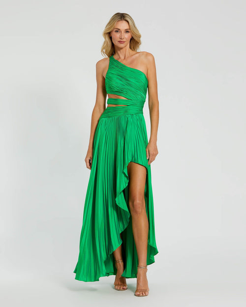 One Shoulder Pleated Charmeuse Gown with Slit