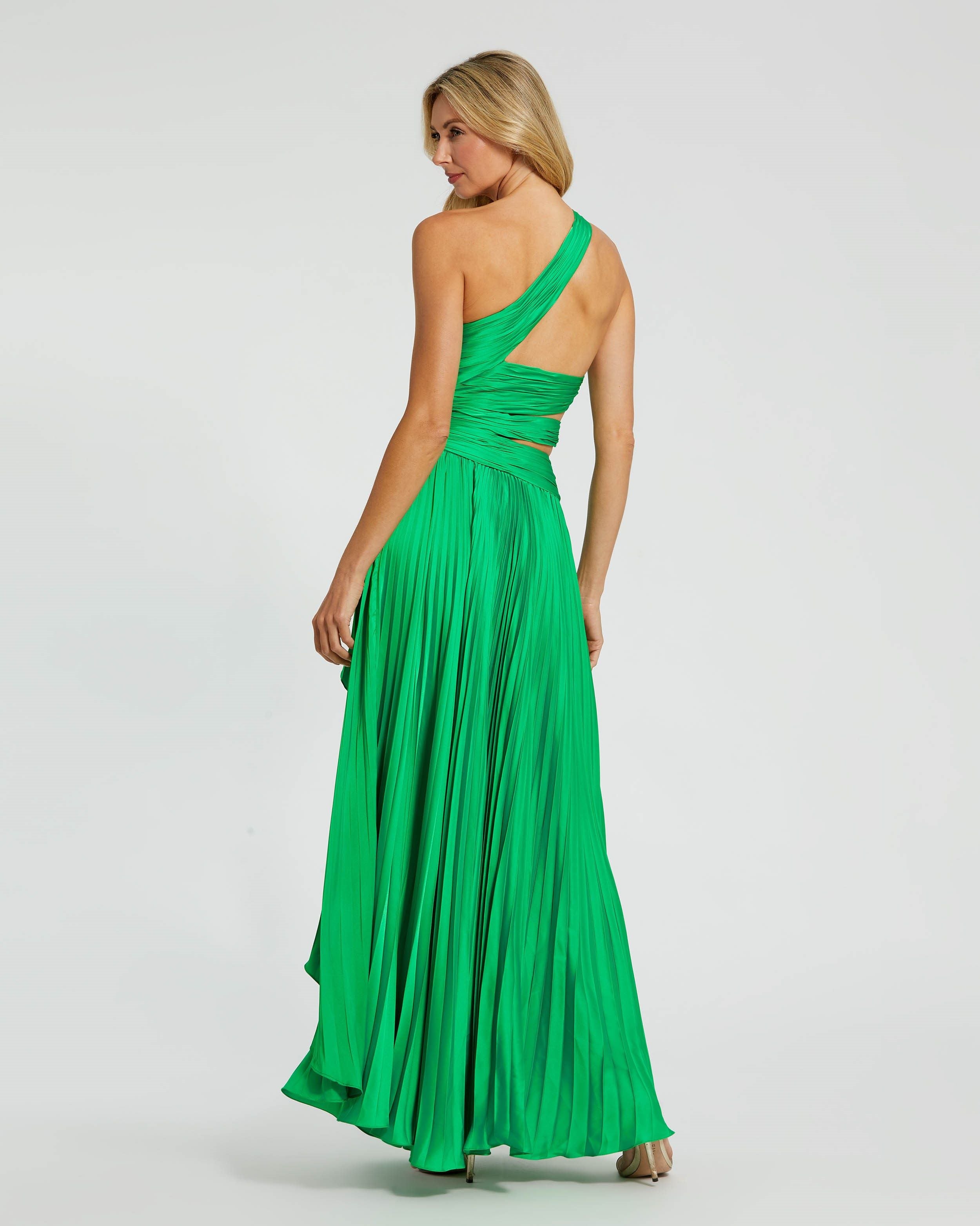 One Shoulder Pleated Charmeuse Gown with Slit