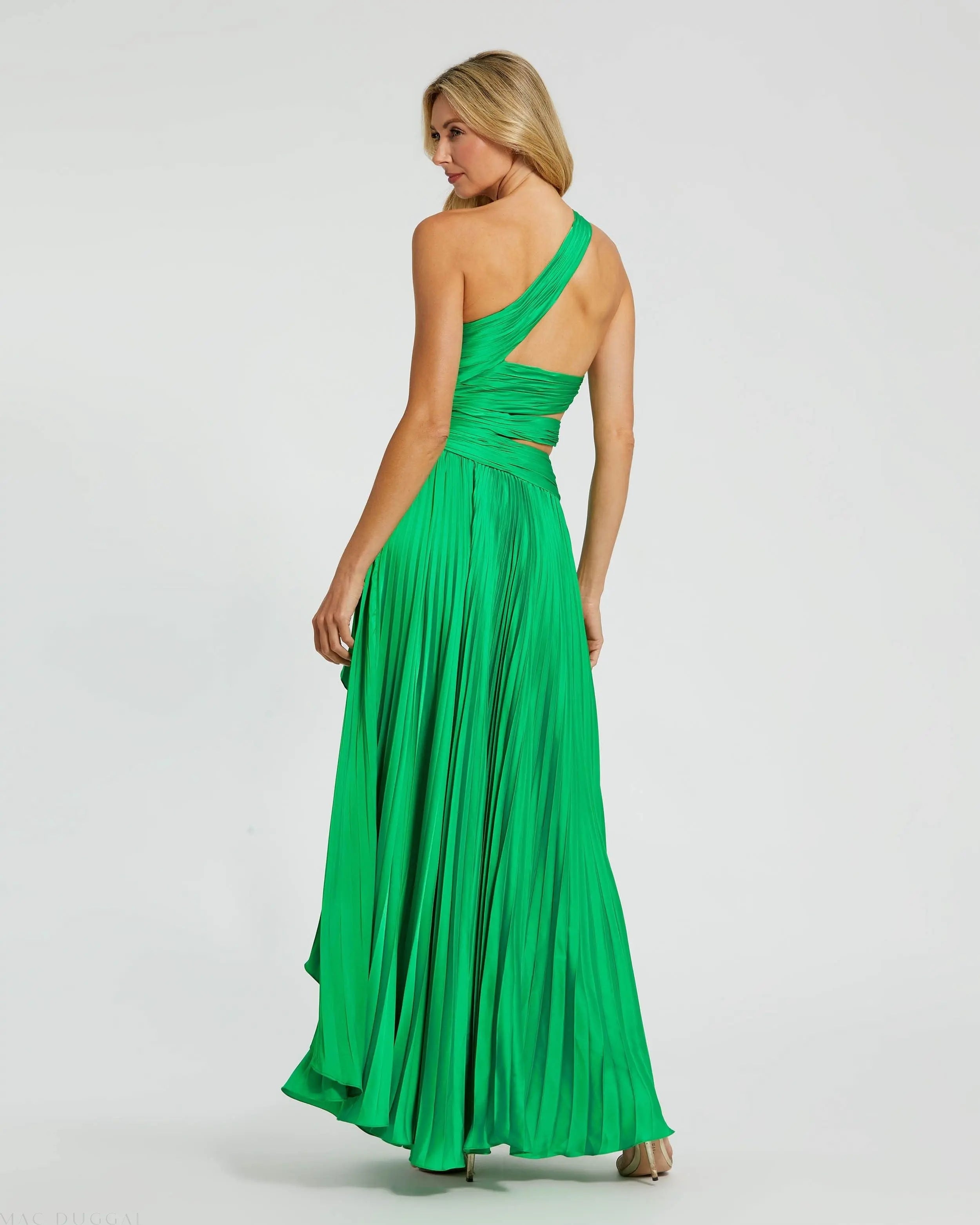 Green One Shoulder Pleated Charmeuse Gown with Slit - Mac Duggal