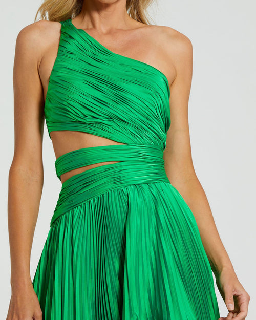 One Shoulder Pleated Charmeuse Gown with Slit