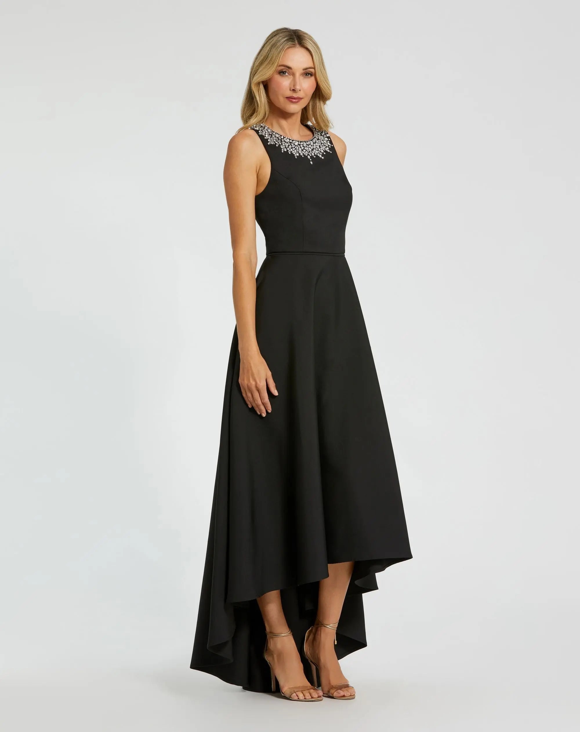 Black Crepe Embellished Neck High Low Gown - Ieena for Mac Duggal