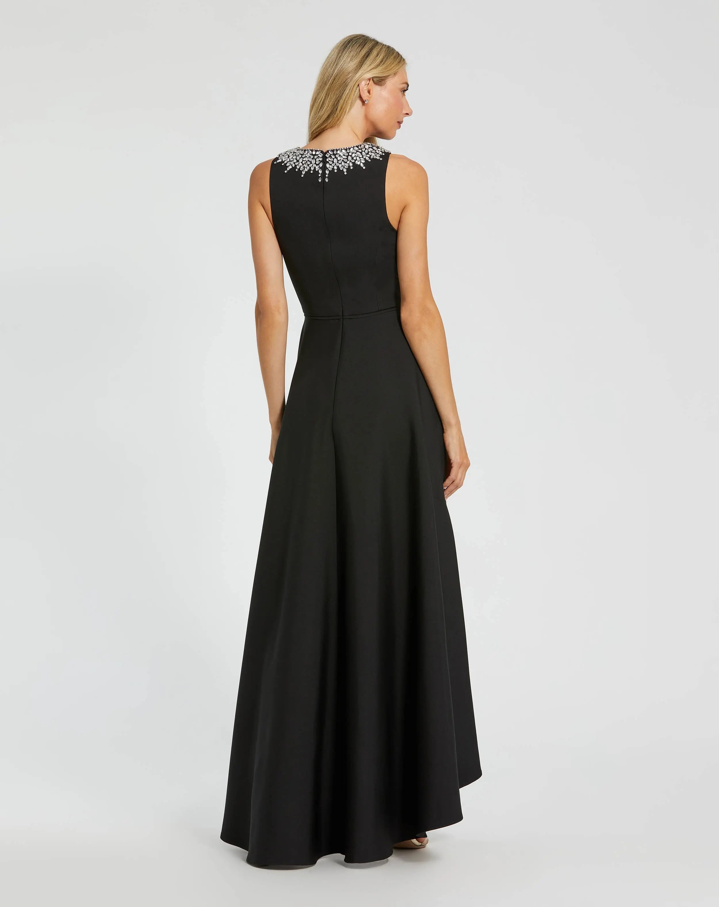 Black Crepe Embellished Neck High Low Gown - Ieena for Mac Duggal