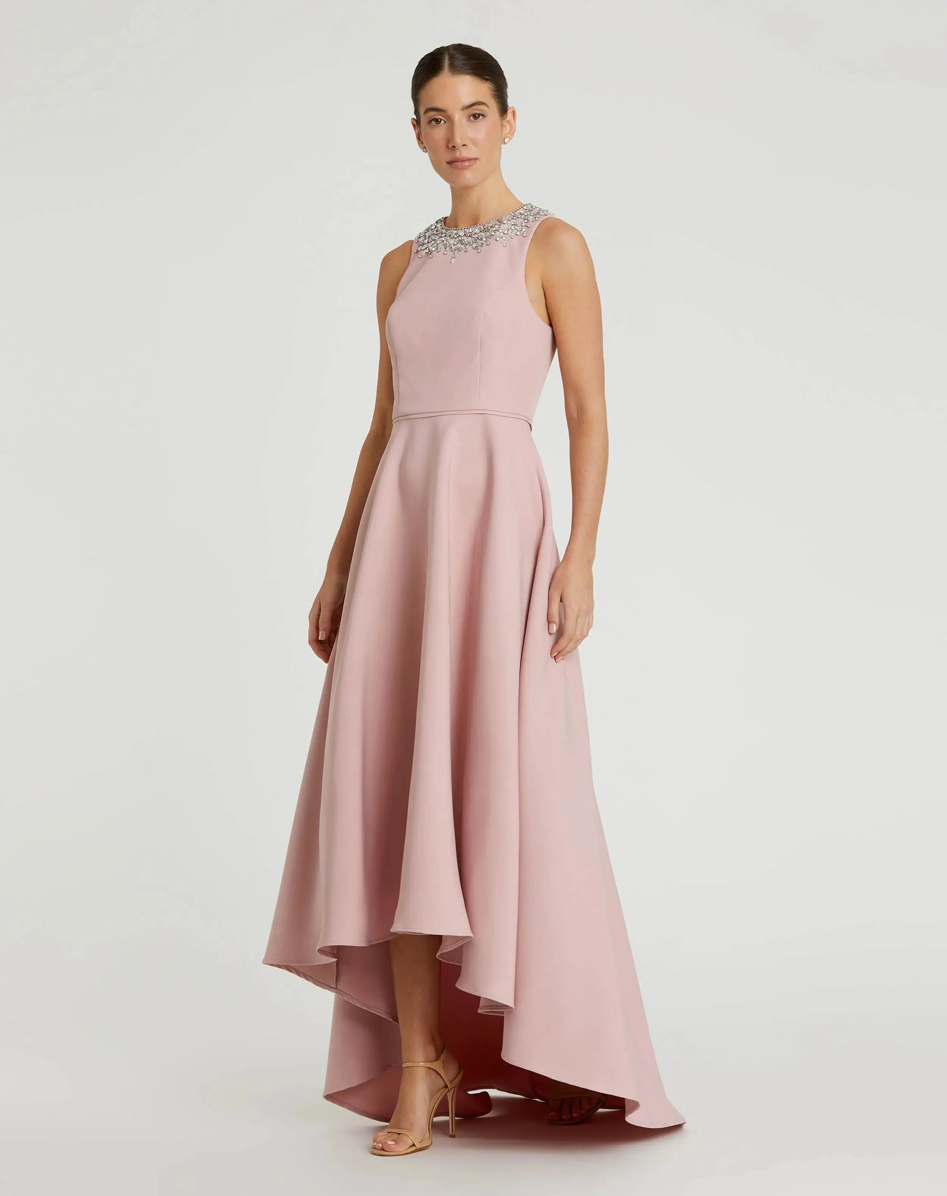 Blush Crepe Embellished Neck High Low Gown - Ieena for Mac Duggal