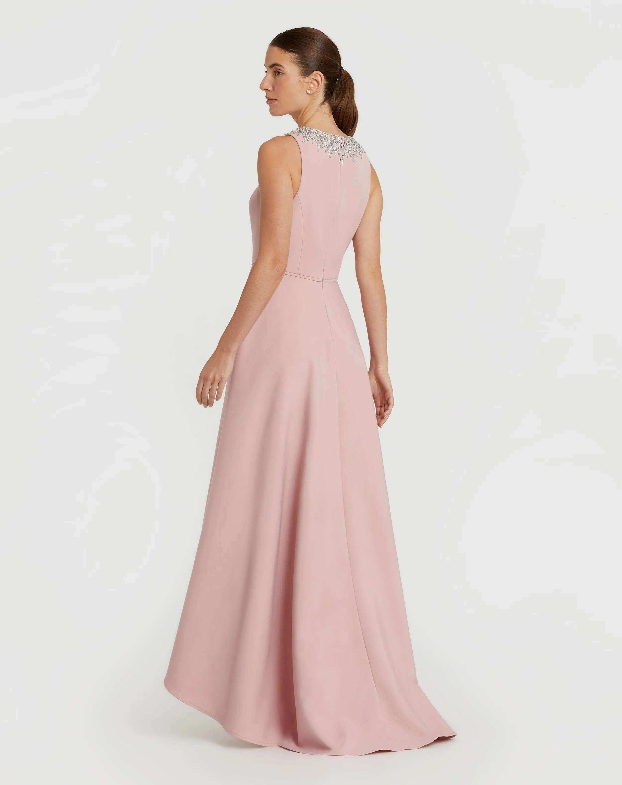 Blush Crepe Embellished Neck High Low Gown - Ieena for Mac Duggal