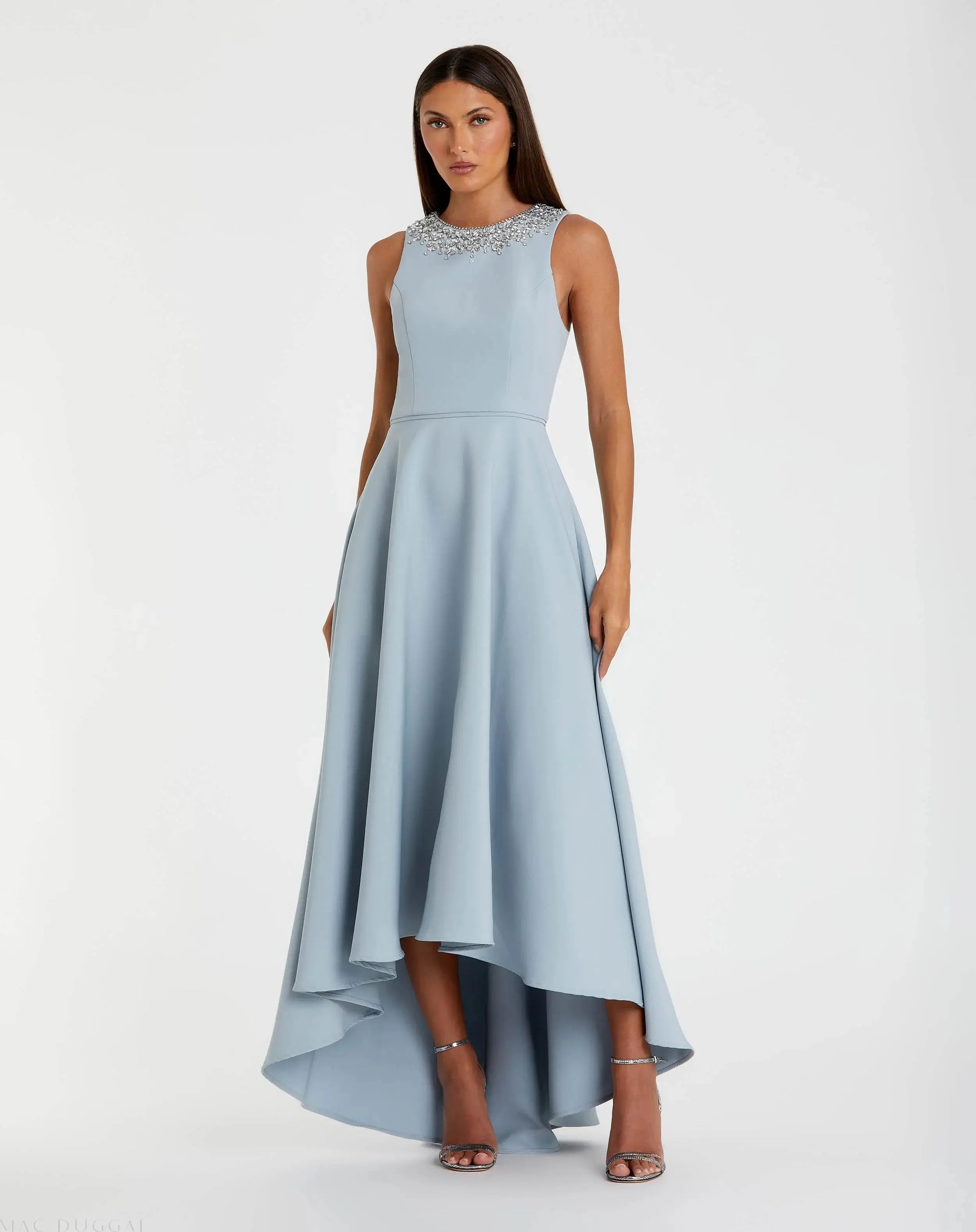 Blue Crepe Embellished Neck High Low Gown - Mac Duggal Blue Crepe Embellished Neck High Low Gown - Mac Duggal
