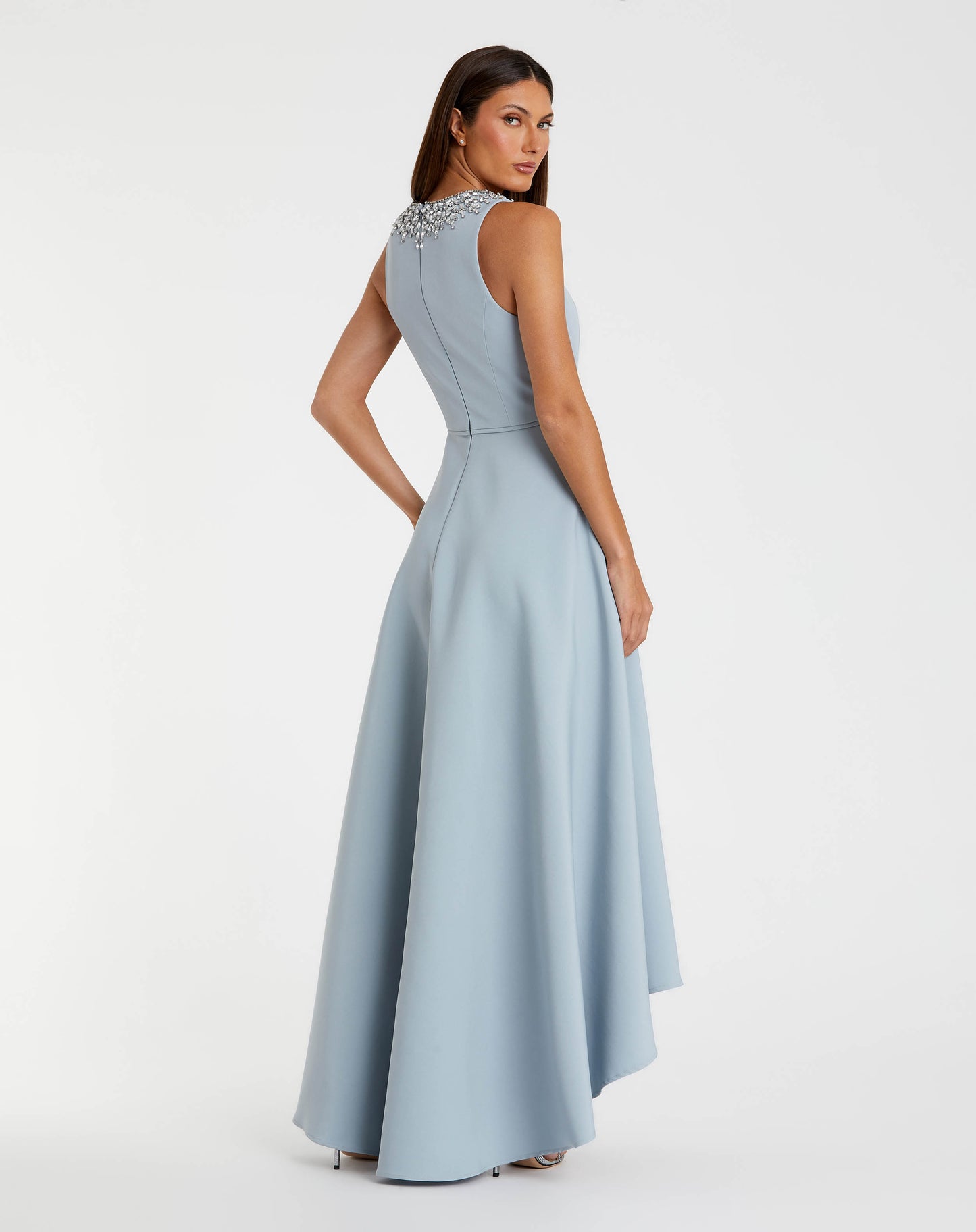 Crepe Embellished Neck High Low Gown