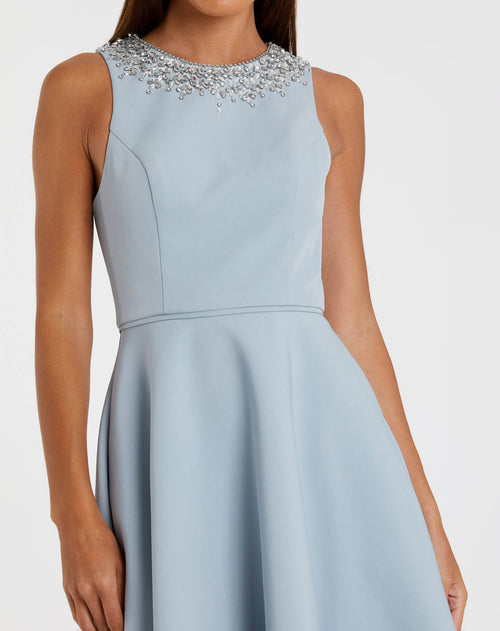 Crepe Embellished Neck High Low Gown