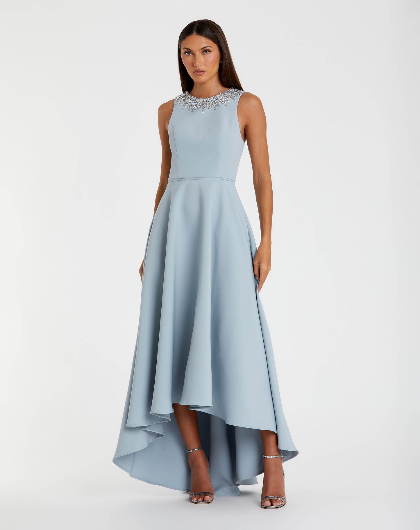 Crepe Embellished Neck High Low Gown