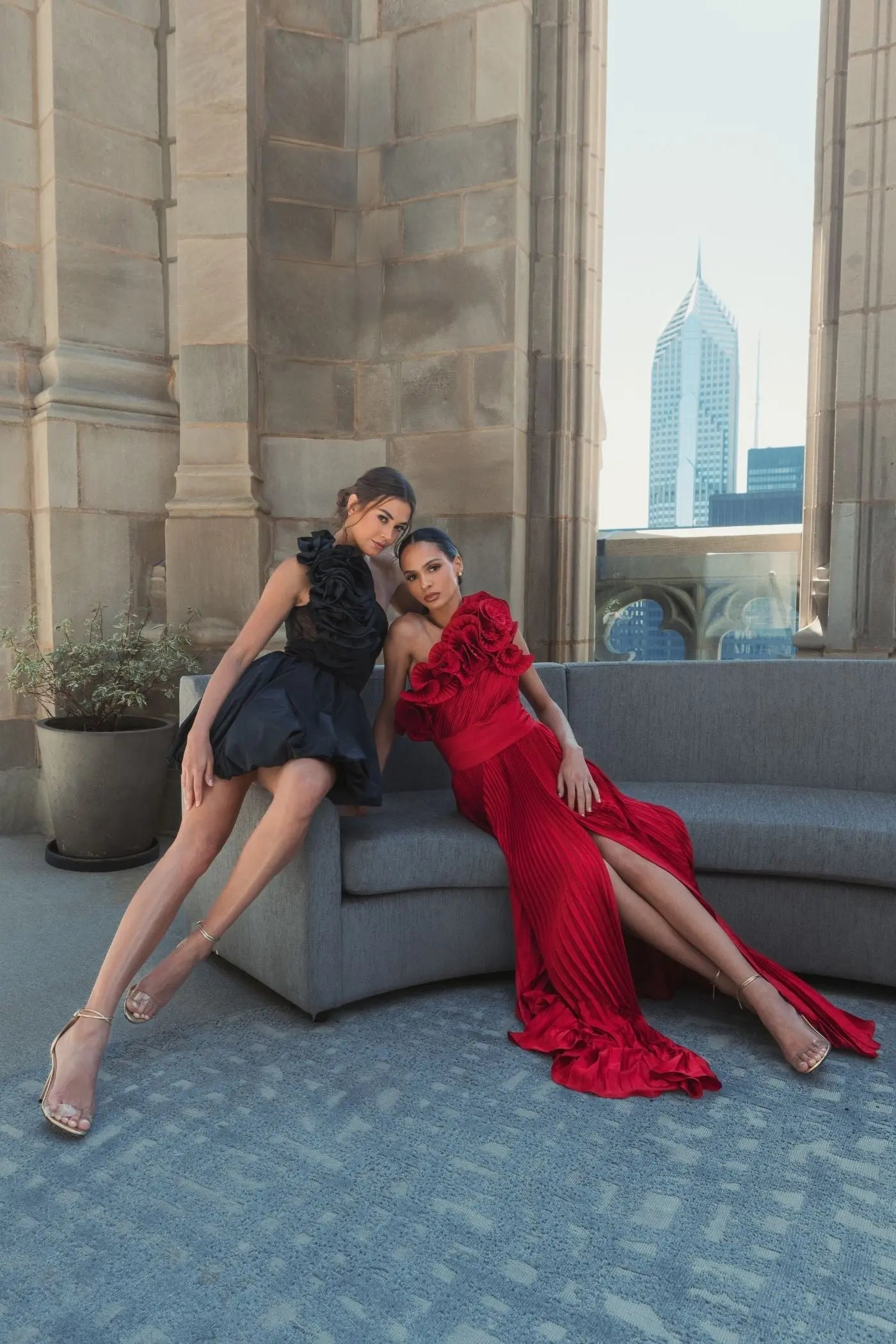 Red Ruffled One Shoulder Charmeuse Evening Gown
