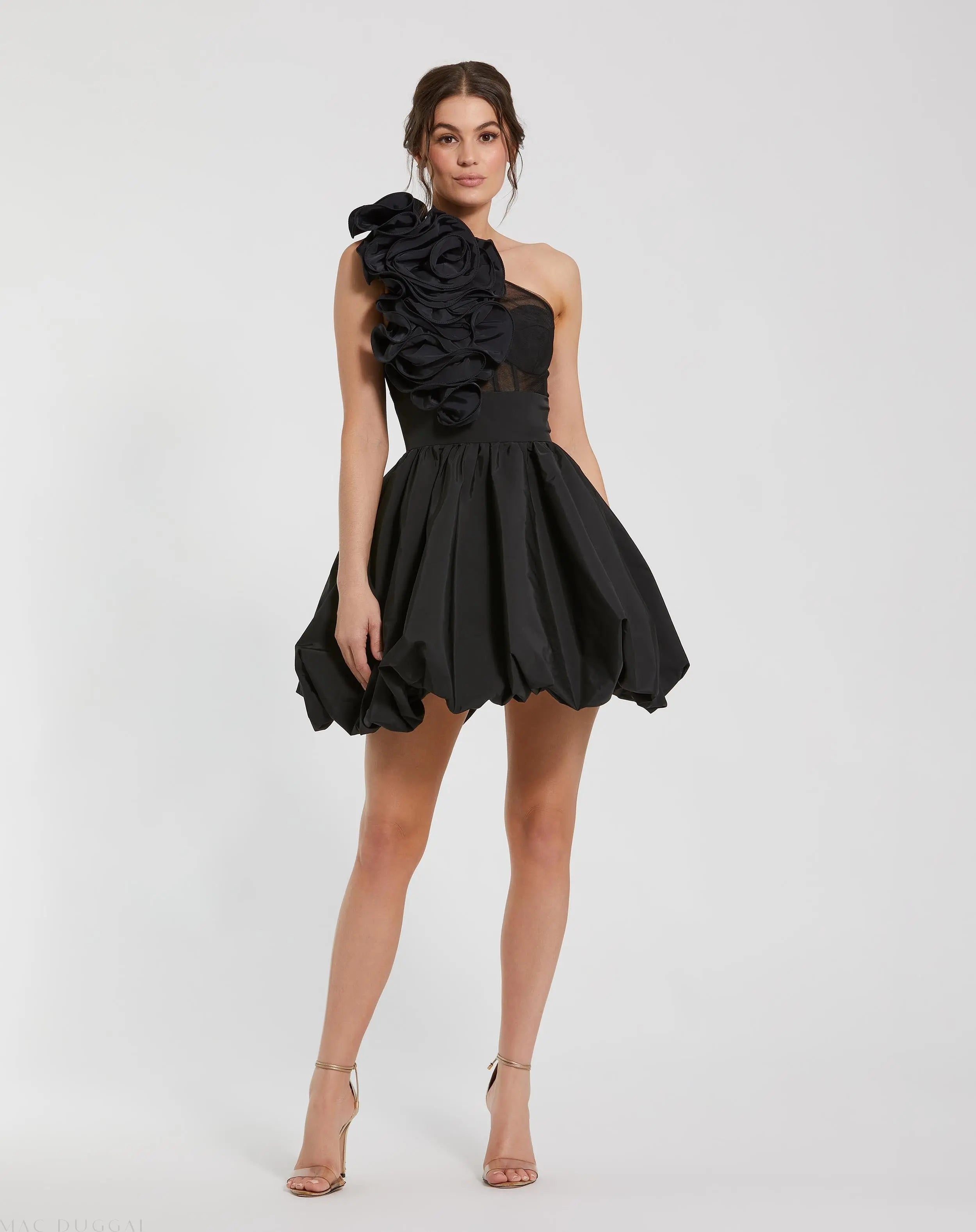 Black Taffeta One Shoulder Ruffle Bubble Mini Dress - Ieena for Mac Duggal