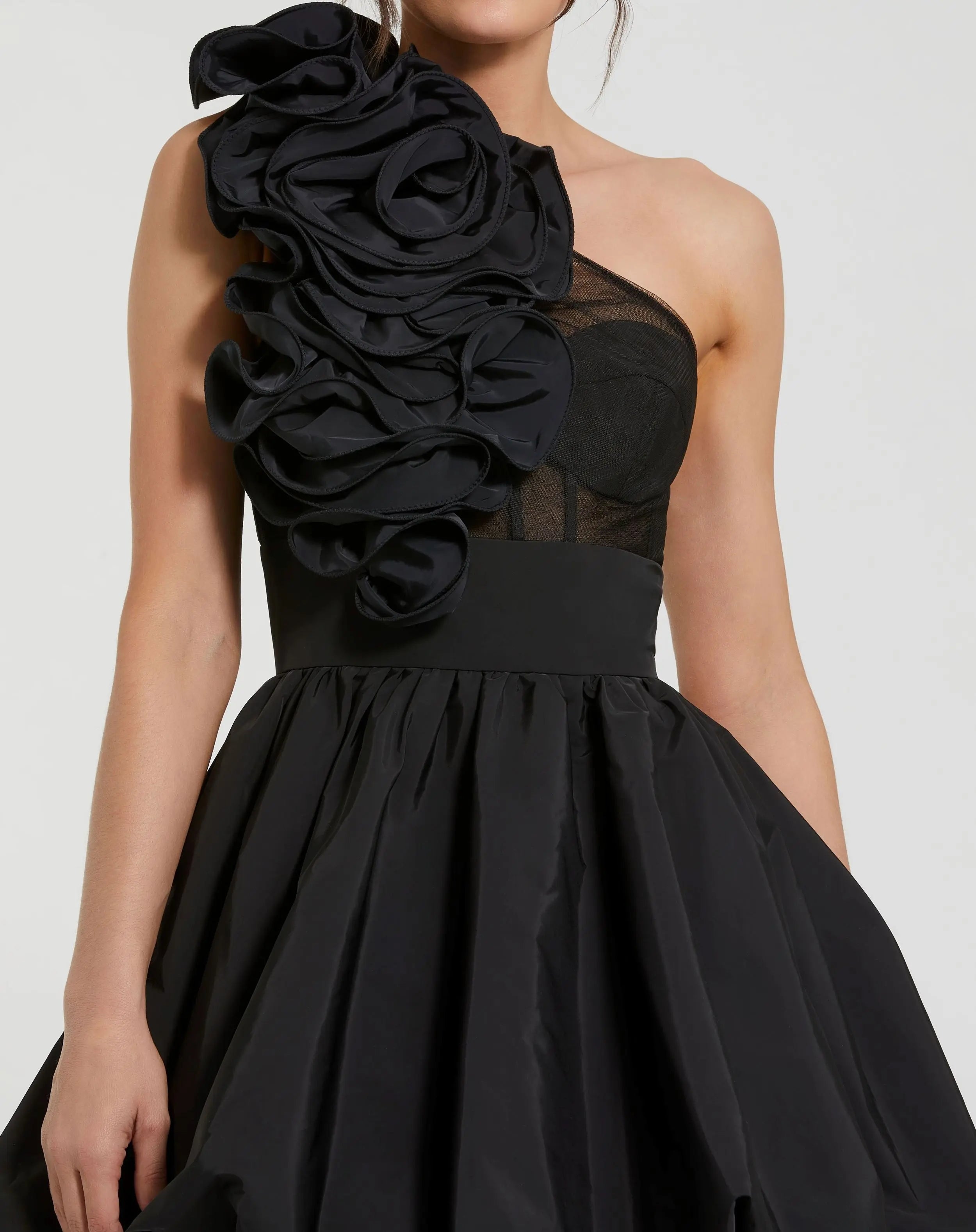 Black Taffeta One Shoulder Ruffle Bubble Mini Dress - Ieena for Mac Duggal
