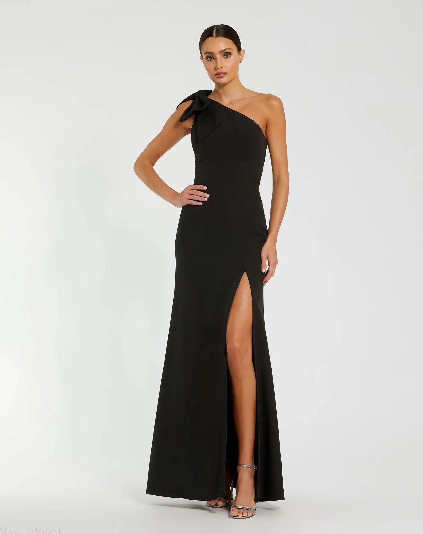 Black Crepe One Shoulder Fitted Evening Gown With Bow | Mac Duggal Black Crepe One Shoulder Fitted Evening Gown With Bow | Mac Duggal