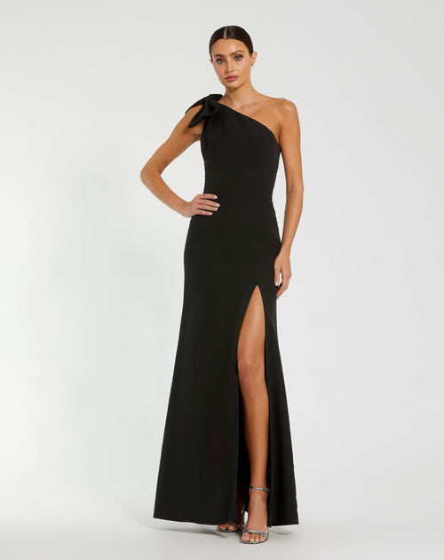 Crepe One Shoulder Fitted Gown With Bow