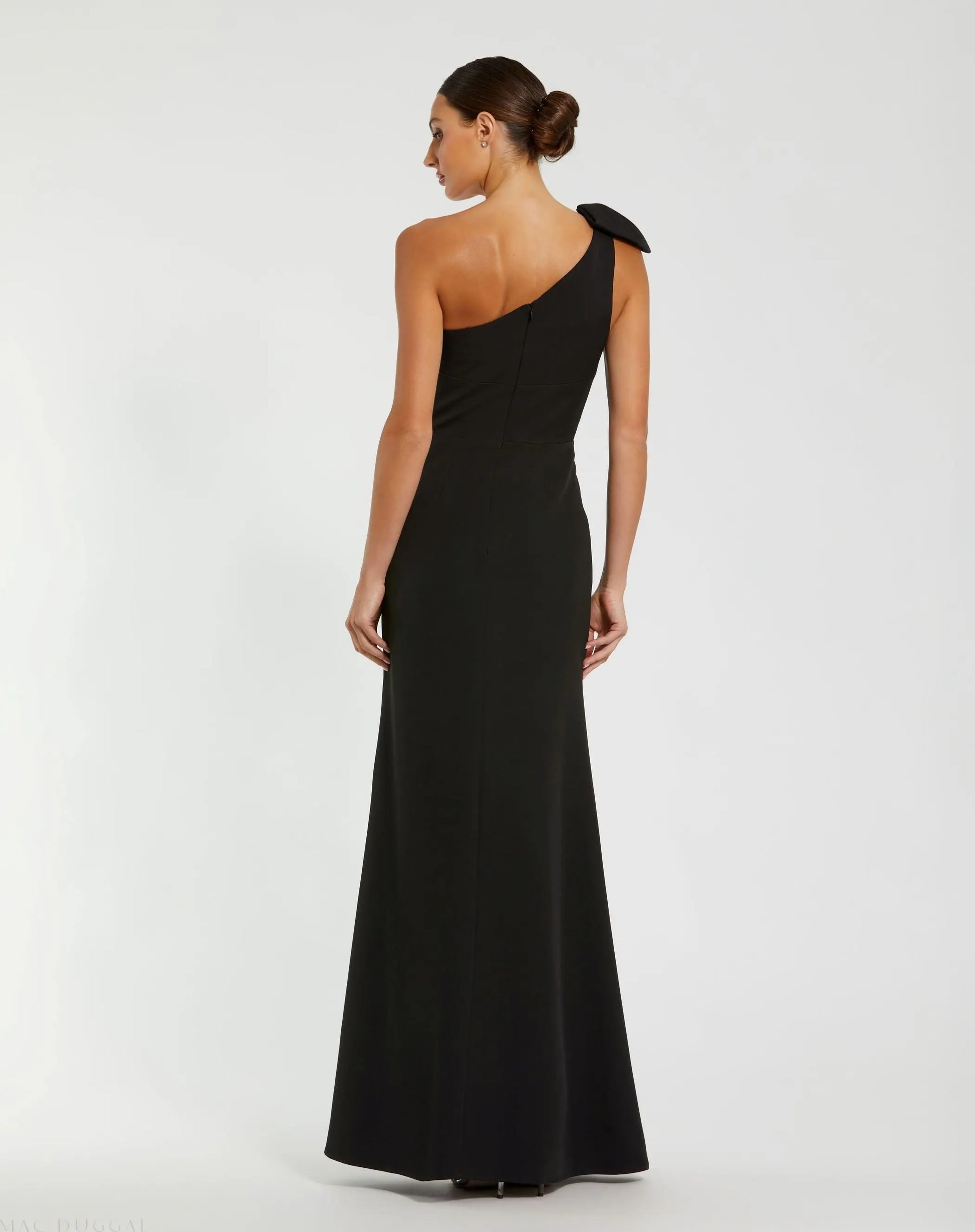 Black Crepe One Shoulder Fitted Evening Gown With Bow | Mac Duggal Black Crepe One Shoulder Fitted Evening Gown With Bow | Mac Duggal