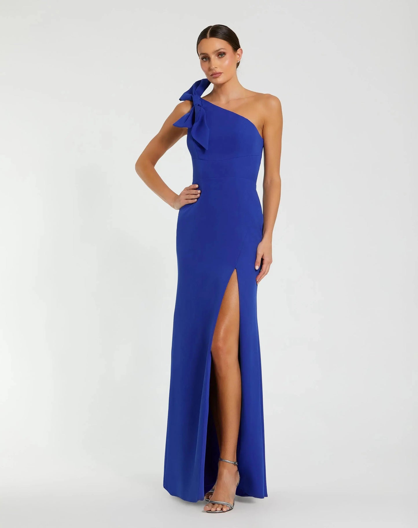 Blue Crepe One Shoulder Fitted Evening Gown With Bow - Ieena for Mac Duggal