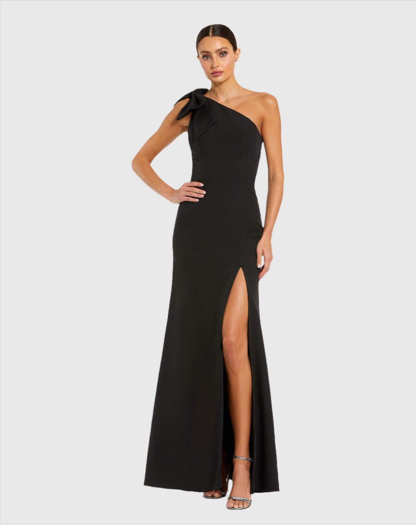 Crepe One Shoulder Fitted Gown With Bow