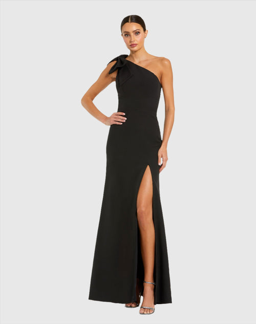 Crepe One Shoulder Fitted Gown With Bow