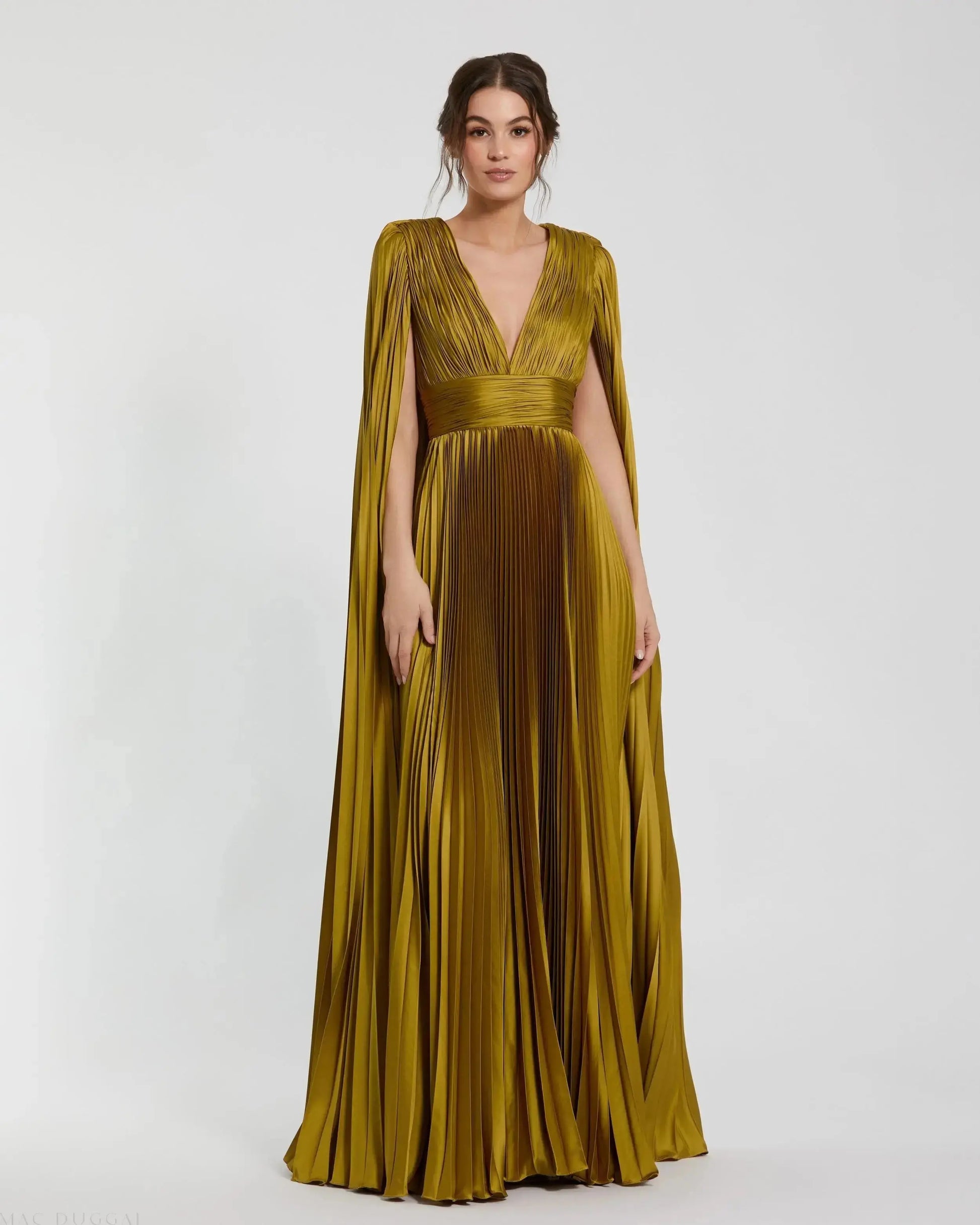 Petite Green Pleated Charmeuse V Neck Gown With Cape | Mac Duggal Petite Green Pleated Charmeuse V Neck Gown With Cape | Mac Duggal