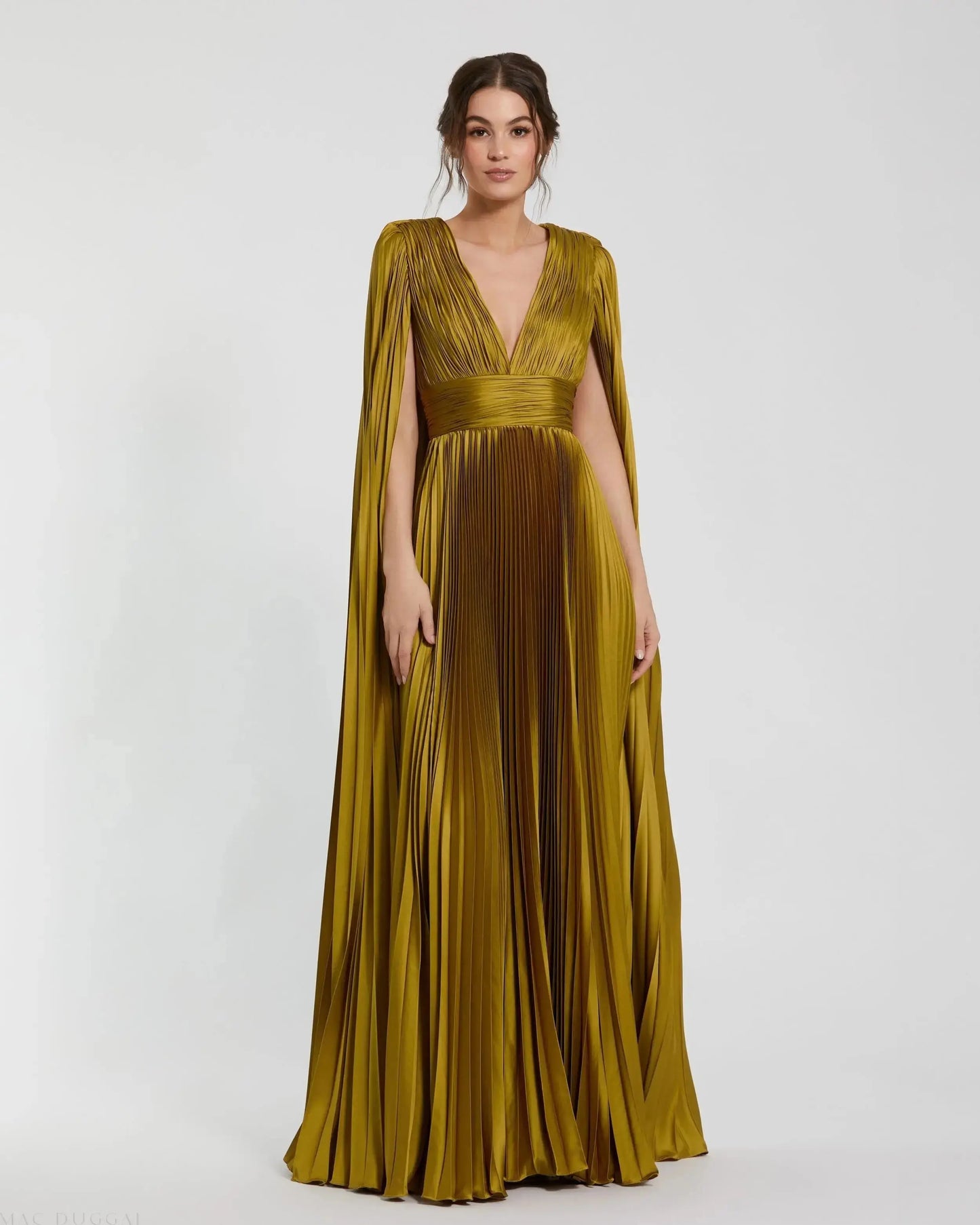 Petite Green Pleated Charmeuse V Neck Gown With Cape - Ieena for Mac Duggal