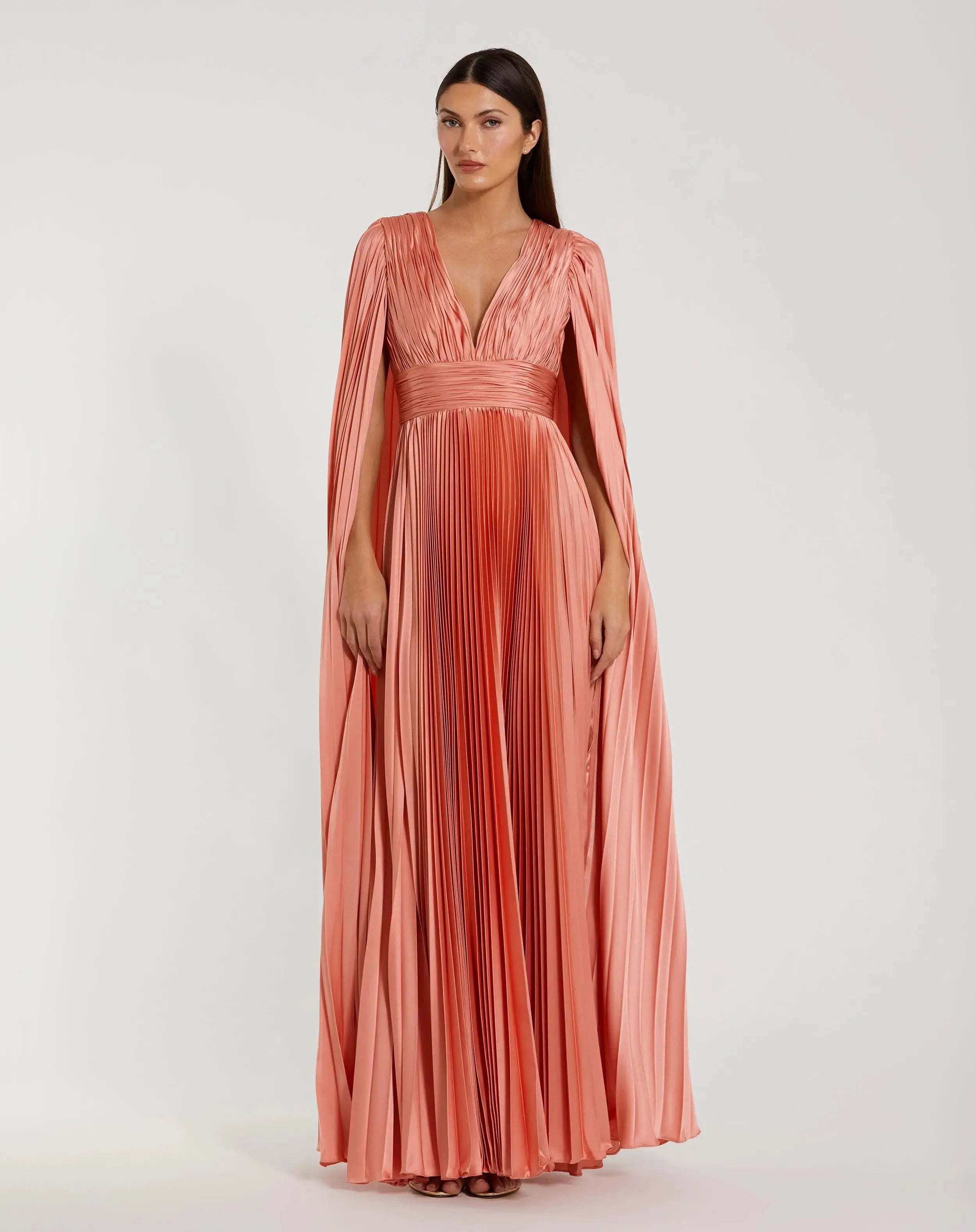 Pink Pleated Charmeuse V Neck Gown With Cape - Mac Duggal