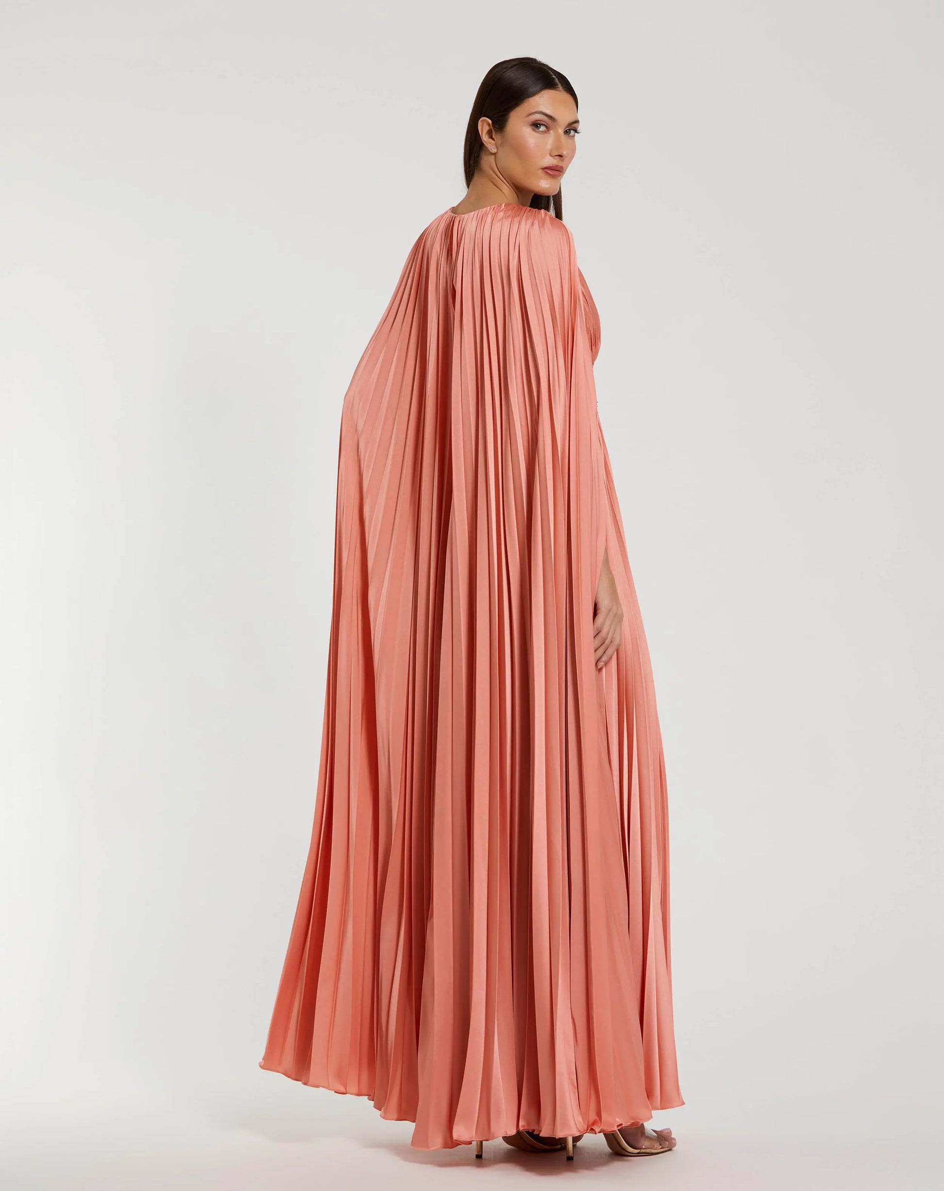 Pleated Charmeuse V Neck Gown With Cape
