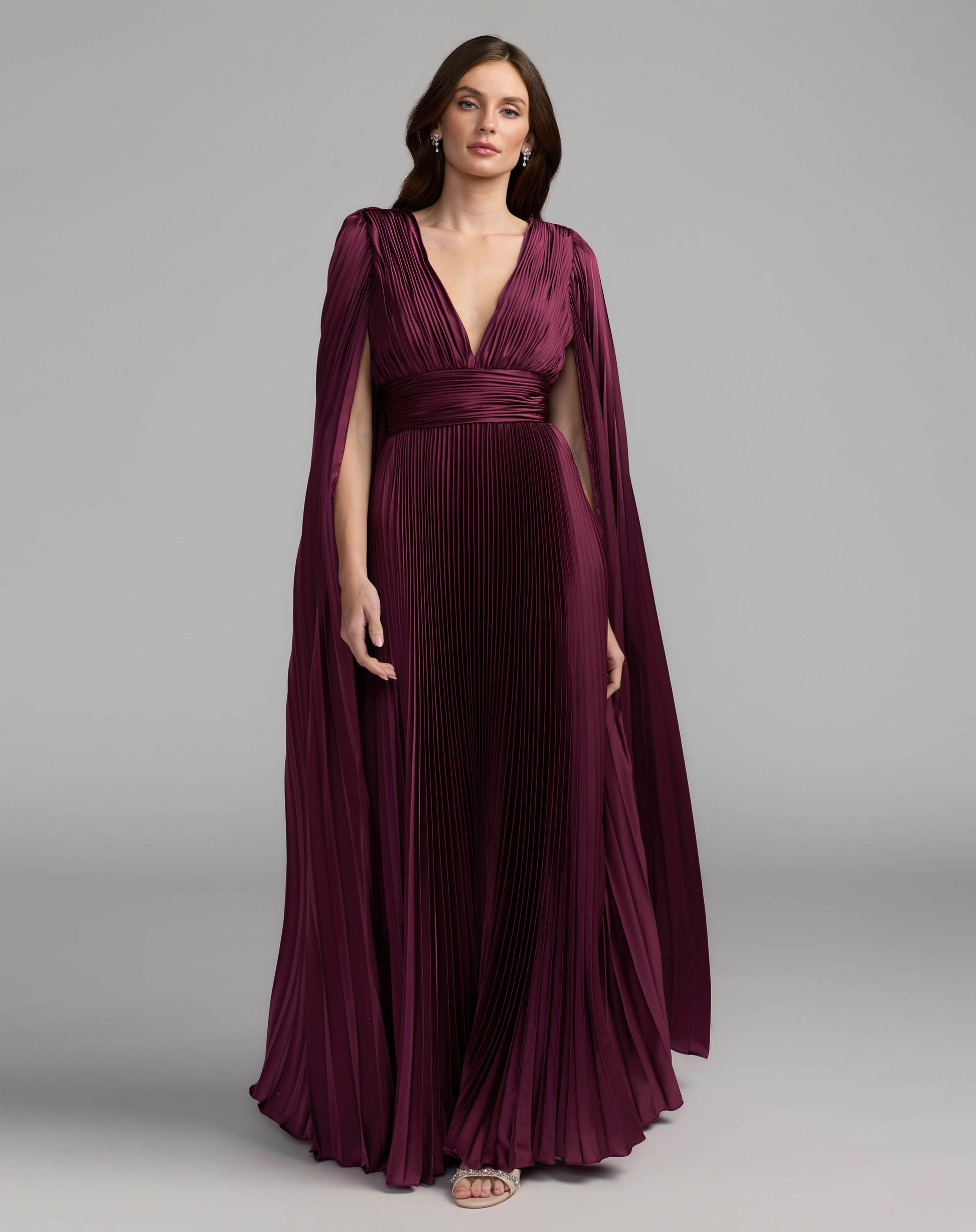 Purple Pleated Charmeuse V Neck Gown With Cape Ieena for Mac Duggal