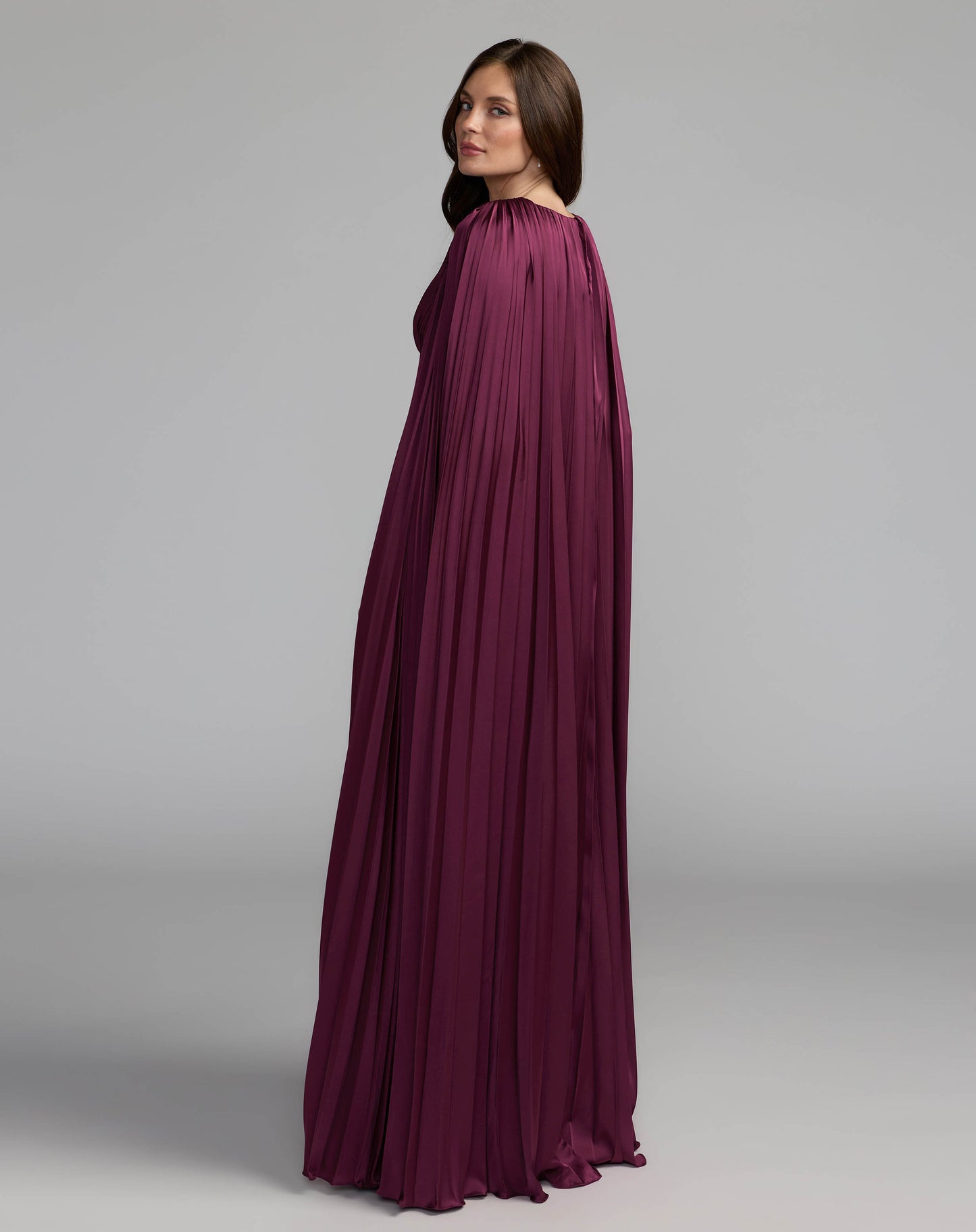 Purple Pleated Charmeuse V Neck Gown With Cape Ieena for Mac Duggal