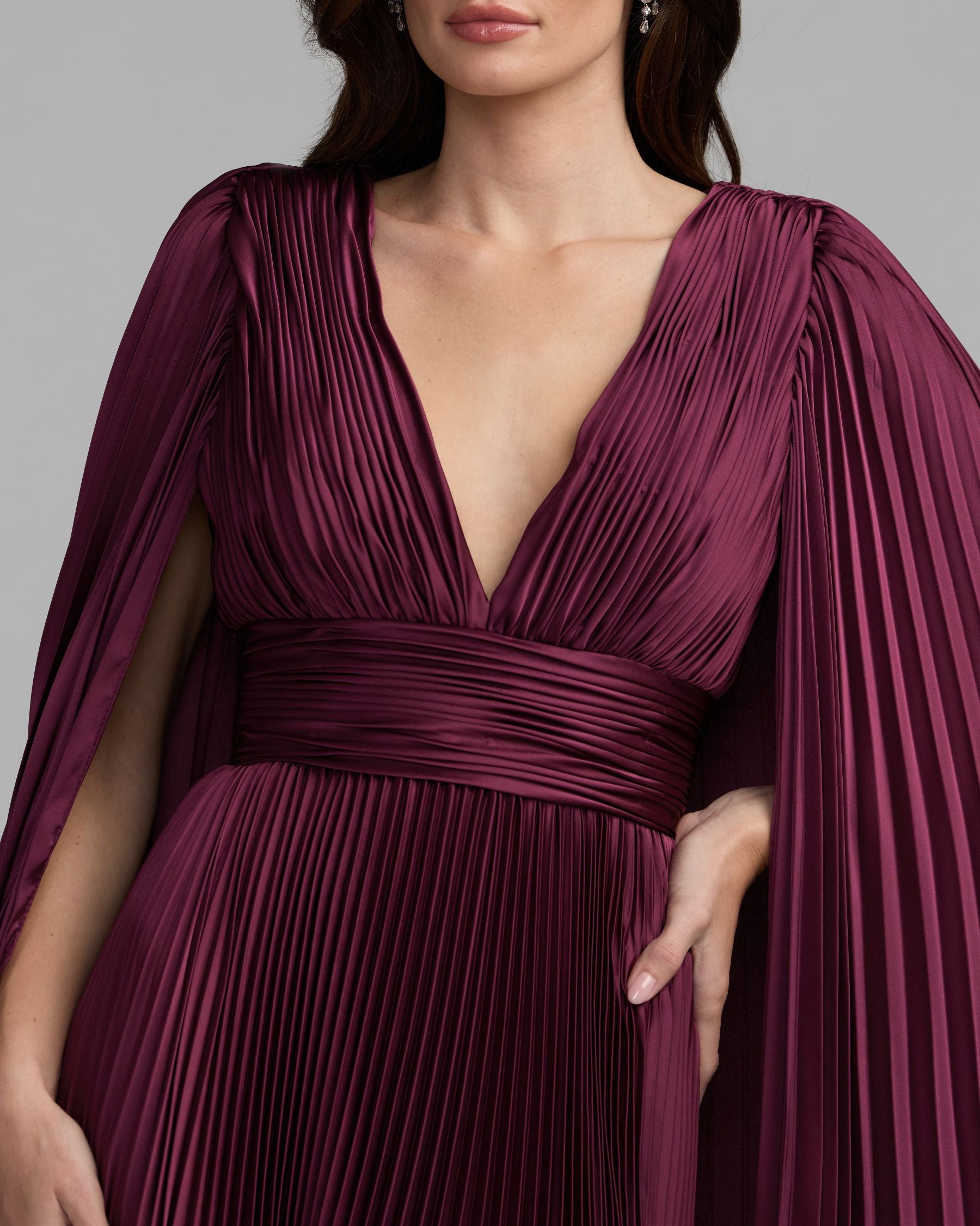 Purple Pleated Charmeuse V Neck Gown With Cape Ieena for Mac Duggal