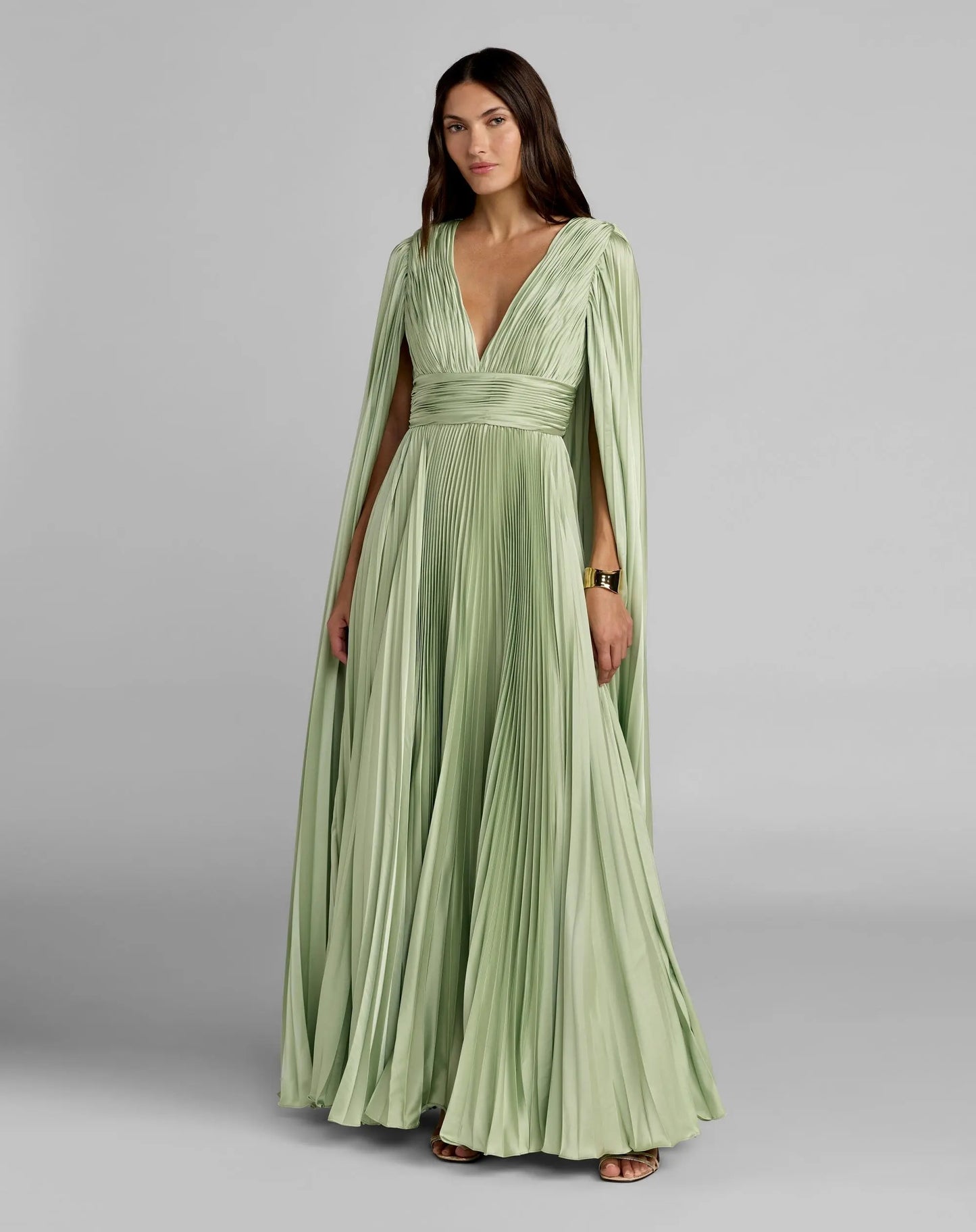 Green Pleated Charmeuse V Neck Gown With Cape - Ieena for Mac Duggal