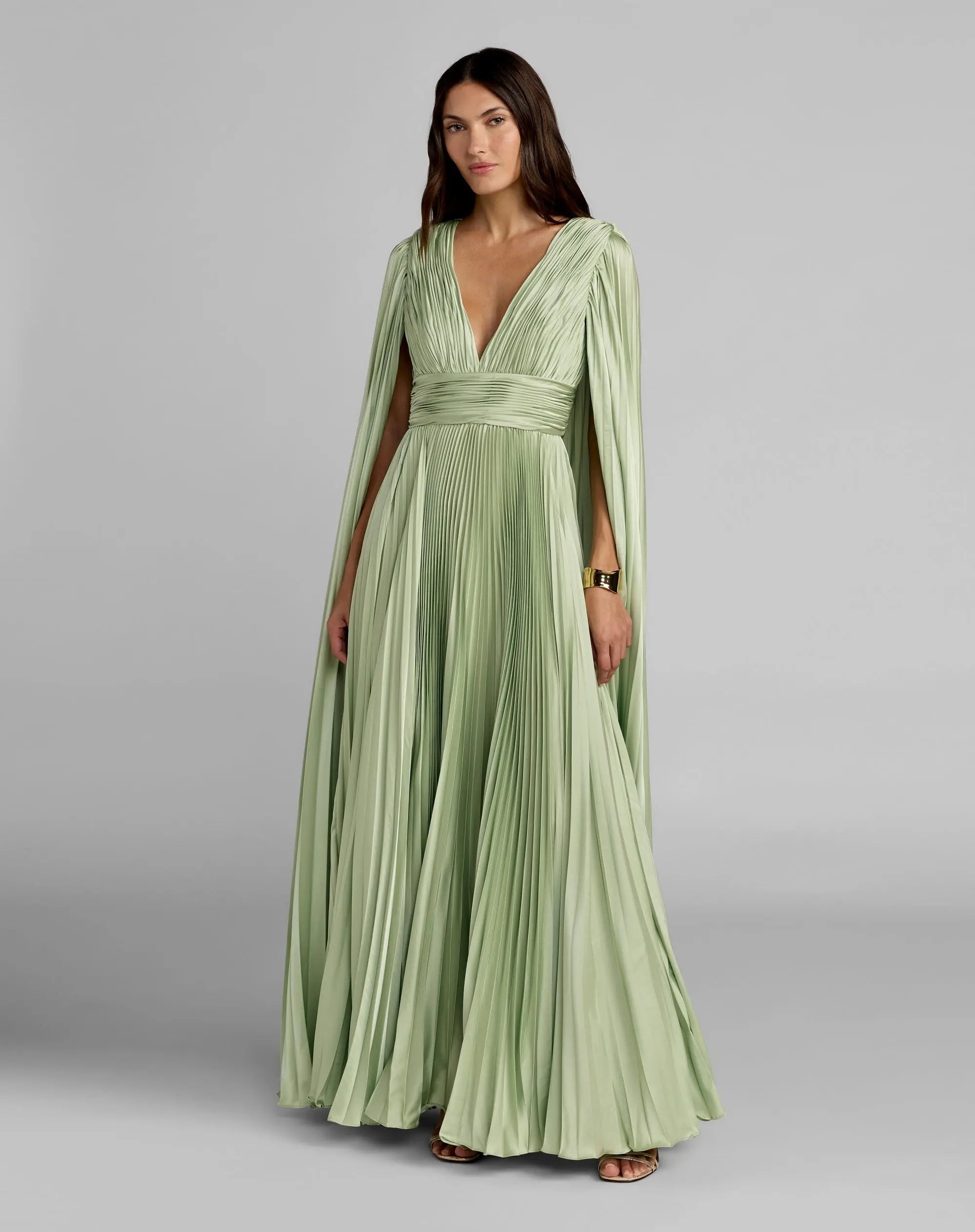 Green Pleated Charmeuse V Neck Gown With Cape - Ieena for Mac Duggal