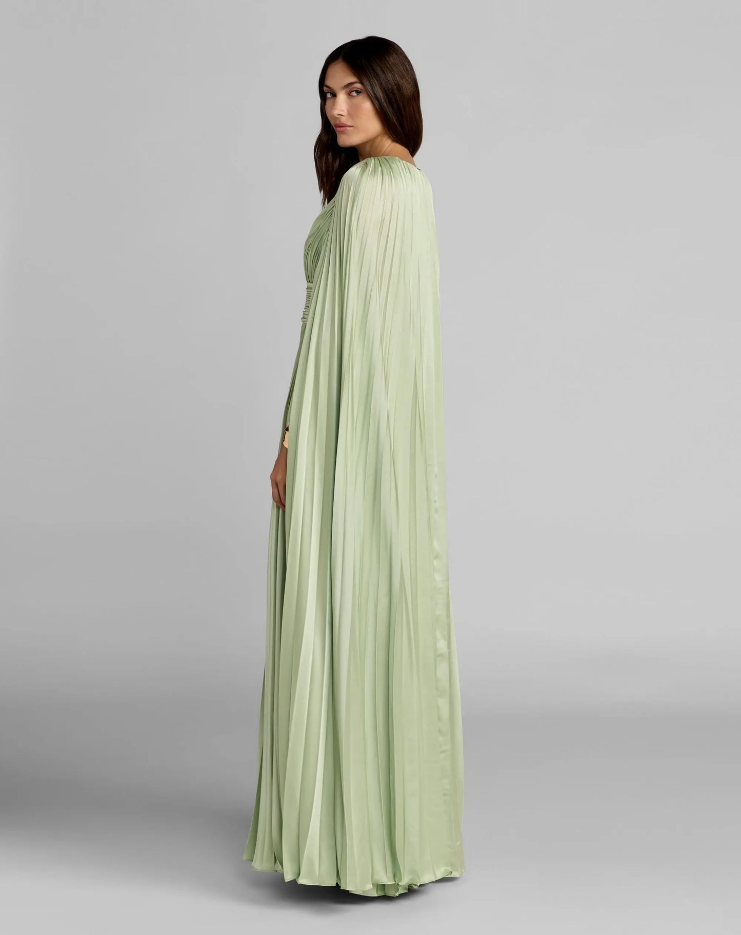 Green Pleated Charmeuse V Neck Gown With Cape - Ieena for Mac Duggal
